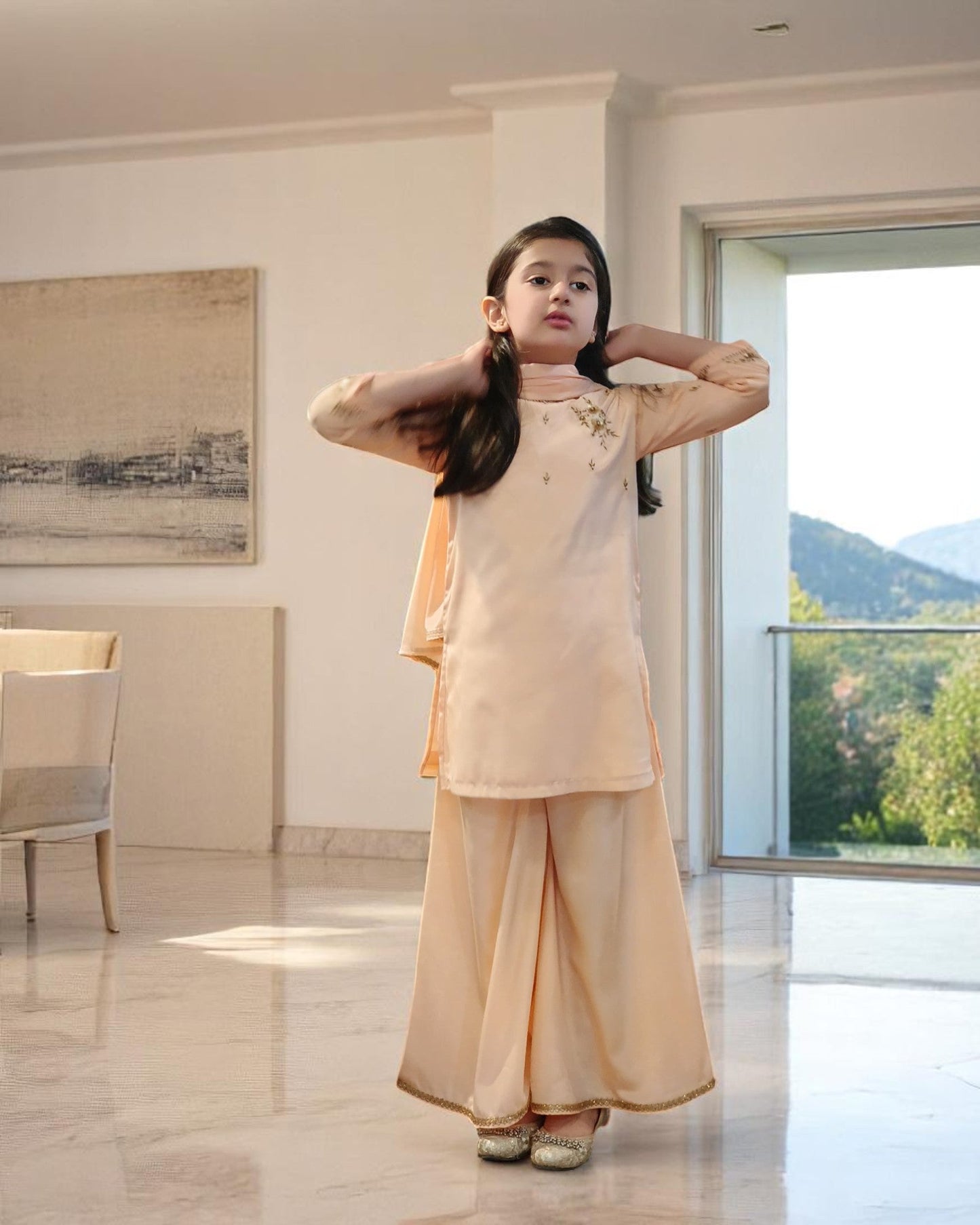 Girls' 3-Piece Ethnic Suit in French Crepe with Handwork Details