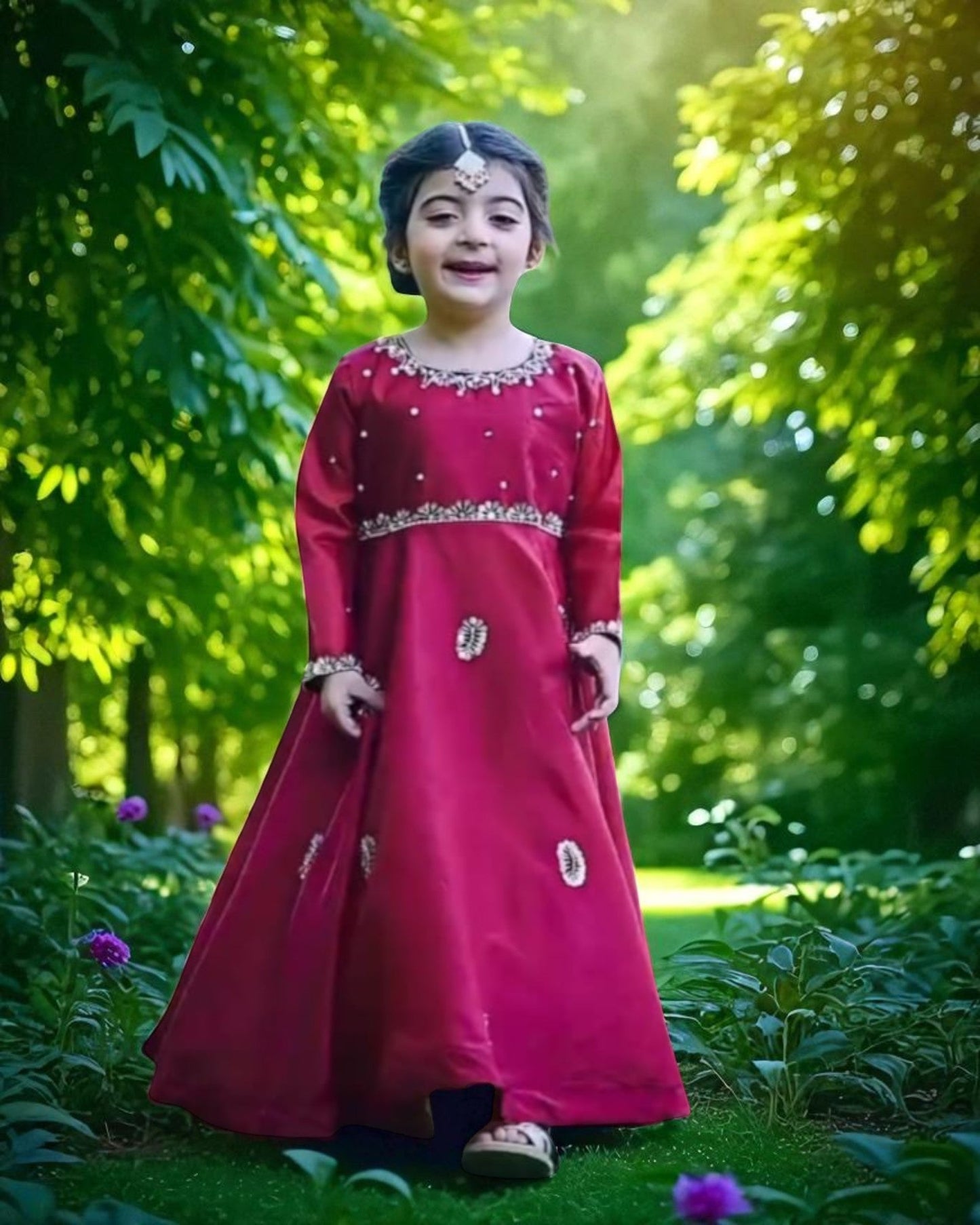 Regal Red Art Silk Kids Gown with Hand Embellishments & Tassel Back