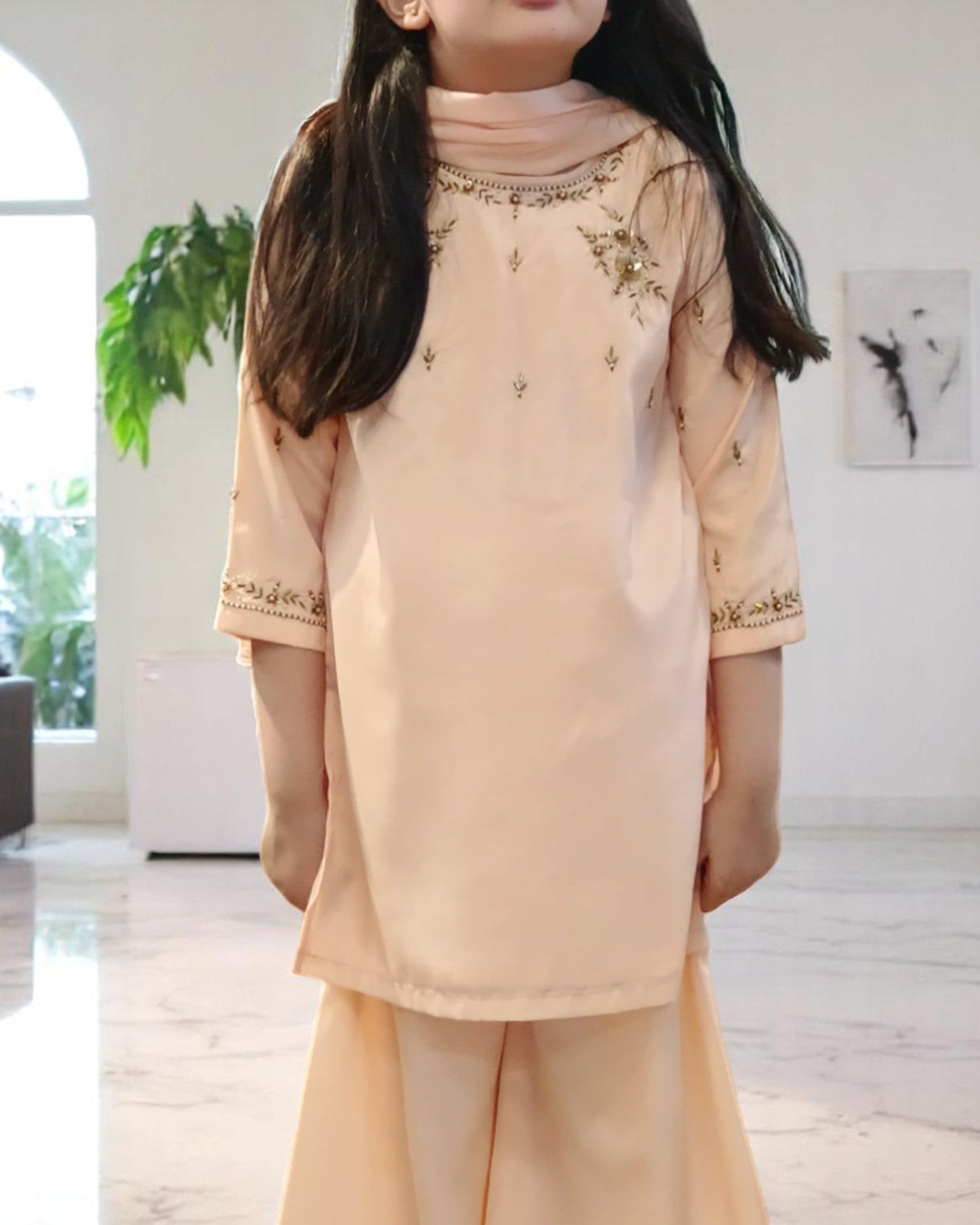 Girls' 3-Piece Ethnic Suit in French Crepe with Handwork Details