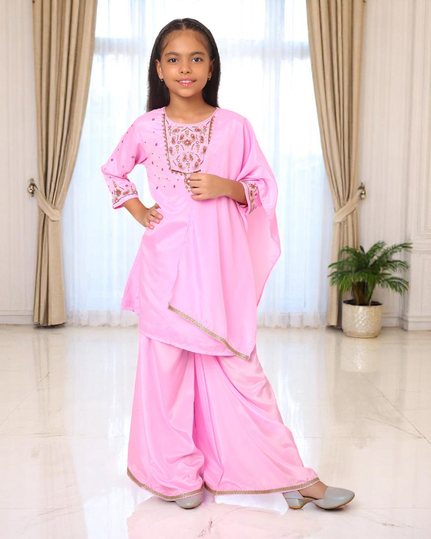 Girls 3-Piece Ethnic Suit in Silky French Crepe with Handwork Detailing