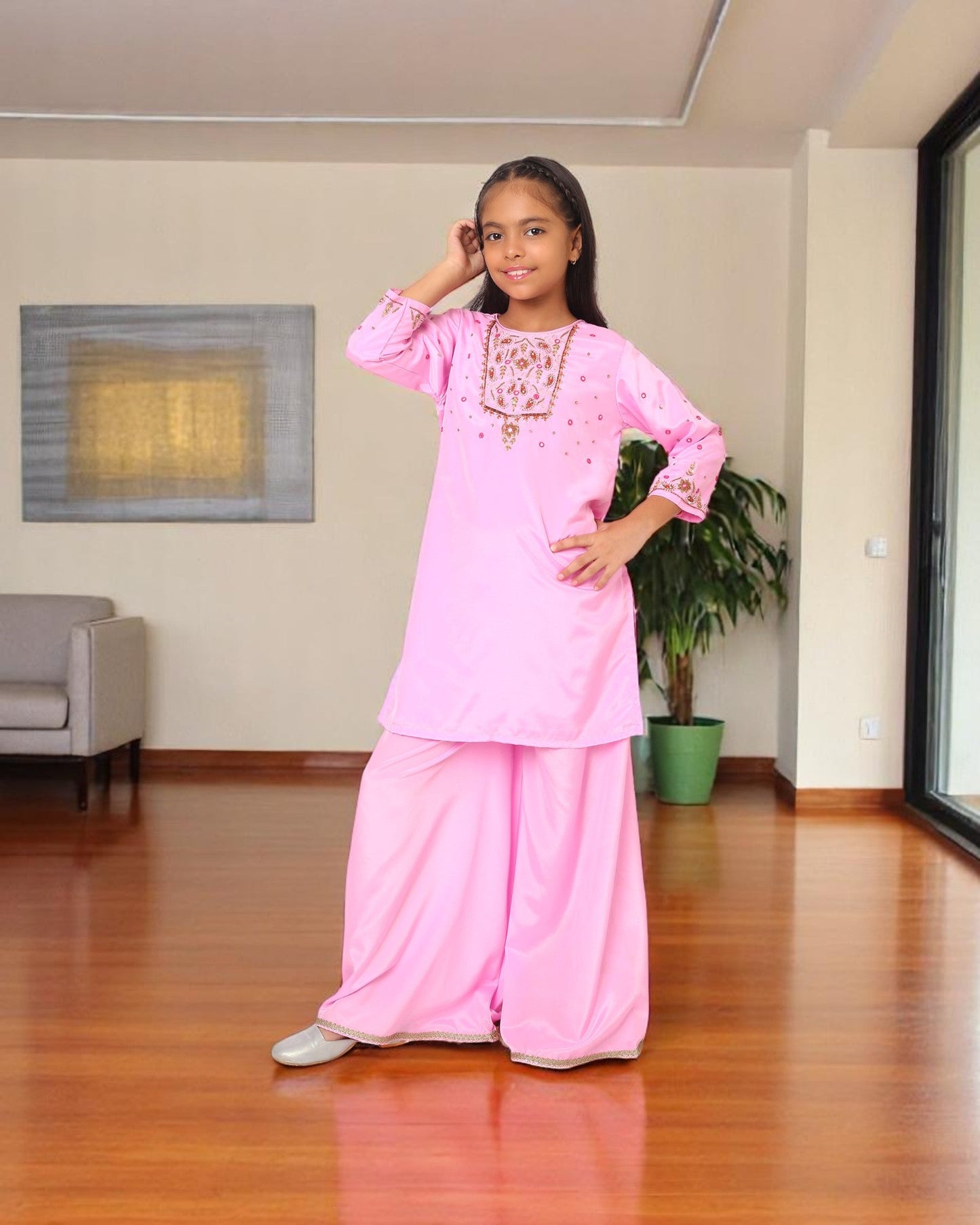 Girls 3-Piece Ethnic Suit in Silky French Crepe with Handwork Detailing
