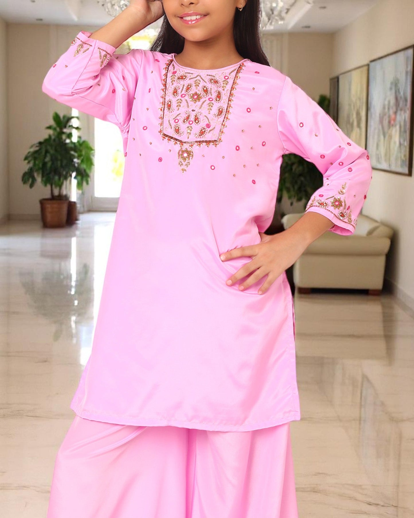 Girls 3-Piece Ethnic Suit in Silky French Crepe with Handwork Detailing