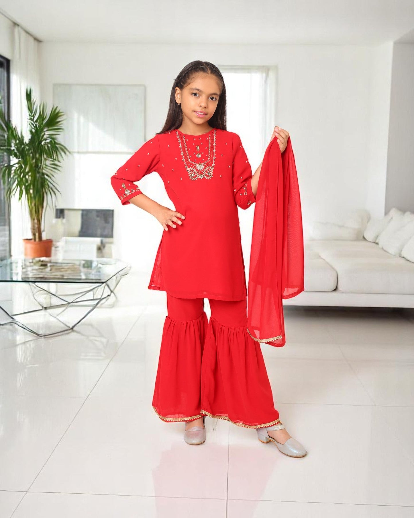 Girls 3-Piece Ethnic Georgette Sharara Suit with Handwork Detailing