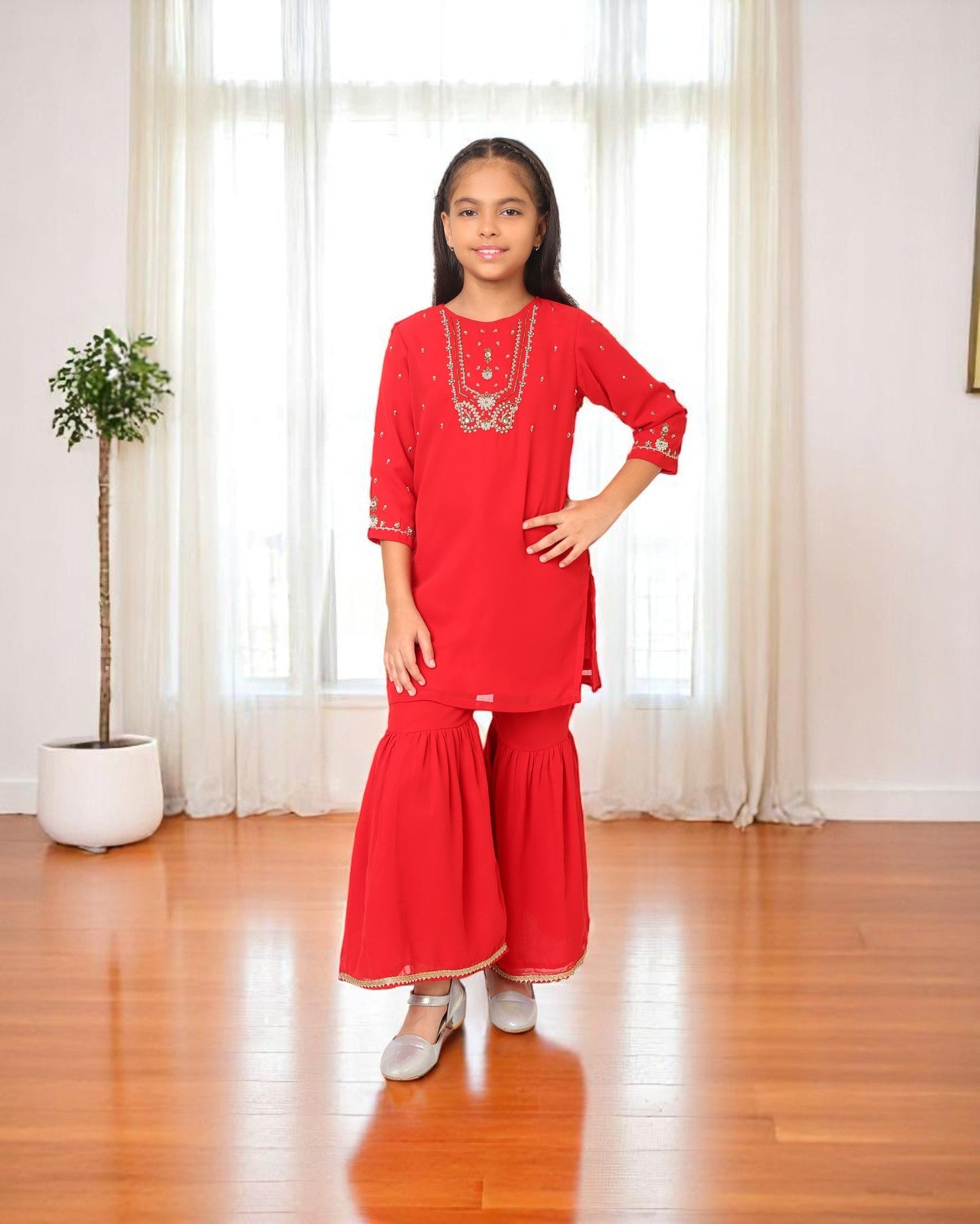 Girls 3-Piece Ethnic Georgette Sharara Suit with Handwork Detailing