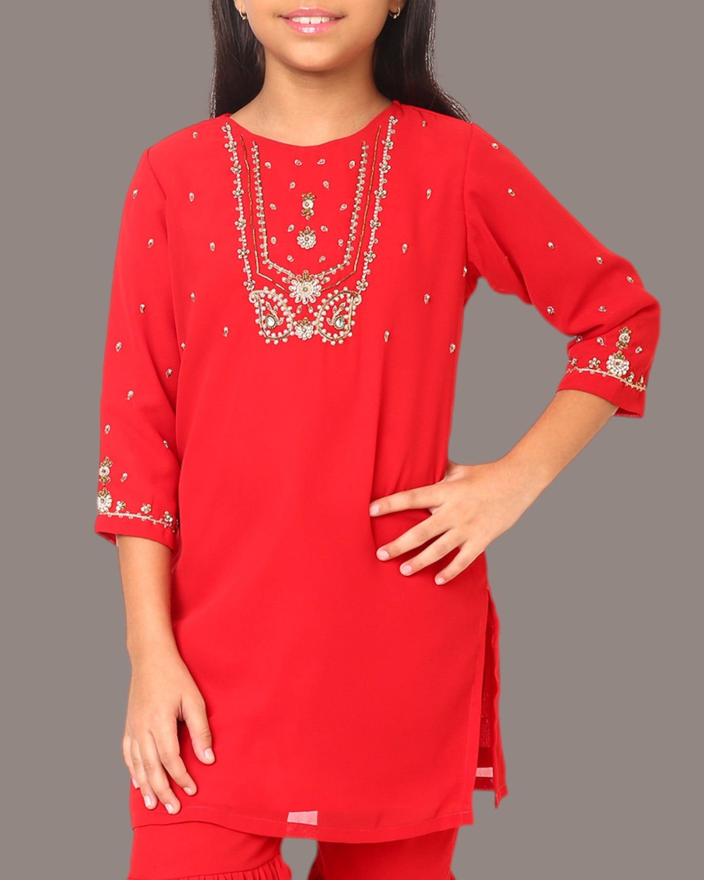 Girls 3-Piece Ethnic Georgette Sharara Suit with Handwork Detailing