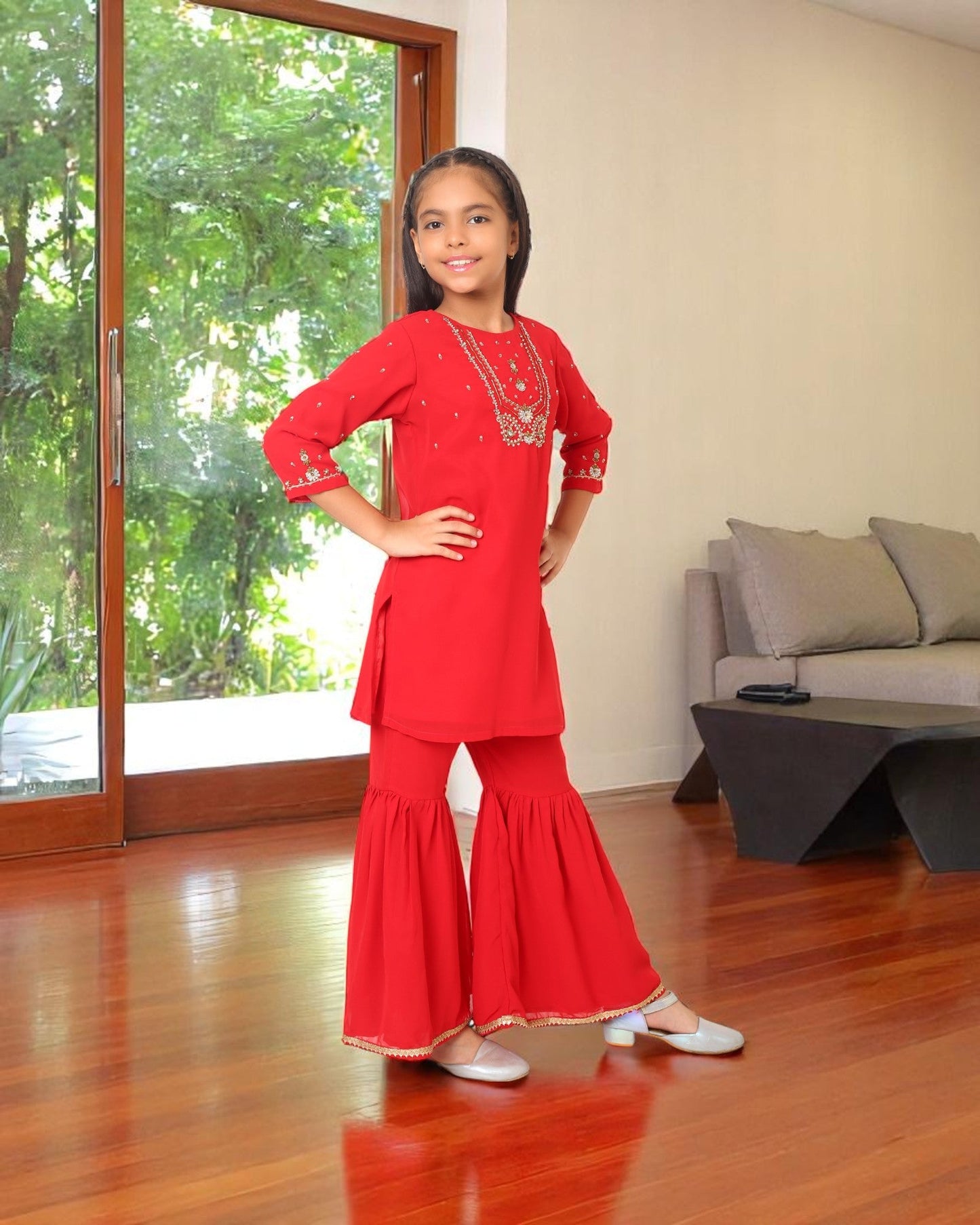 Girls 3-Piece Ethnic Georgette Sharara Suit with Handwork Detailing