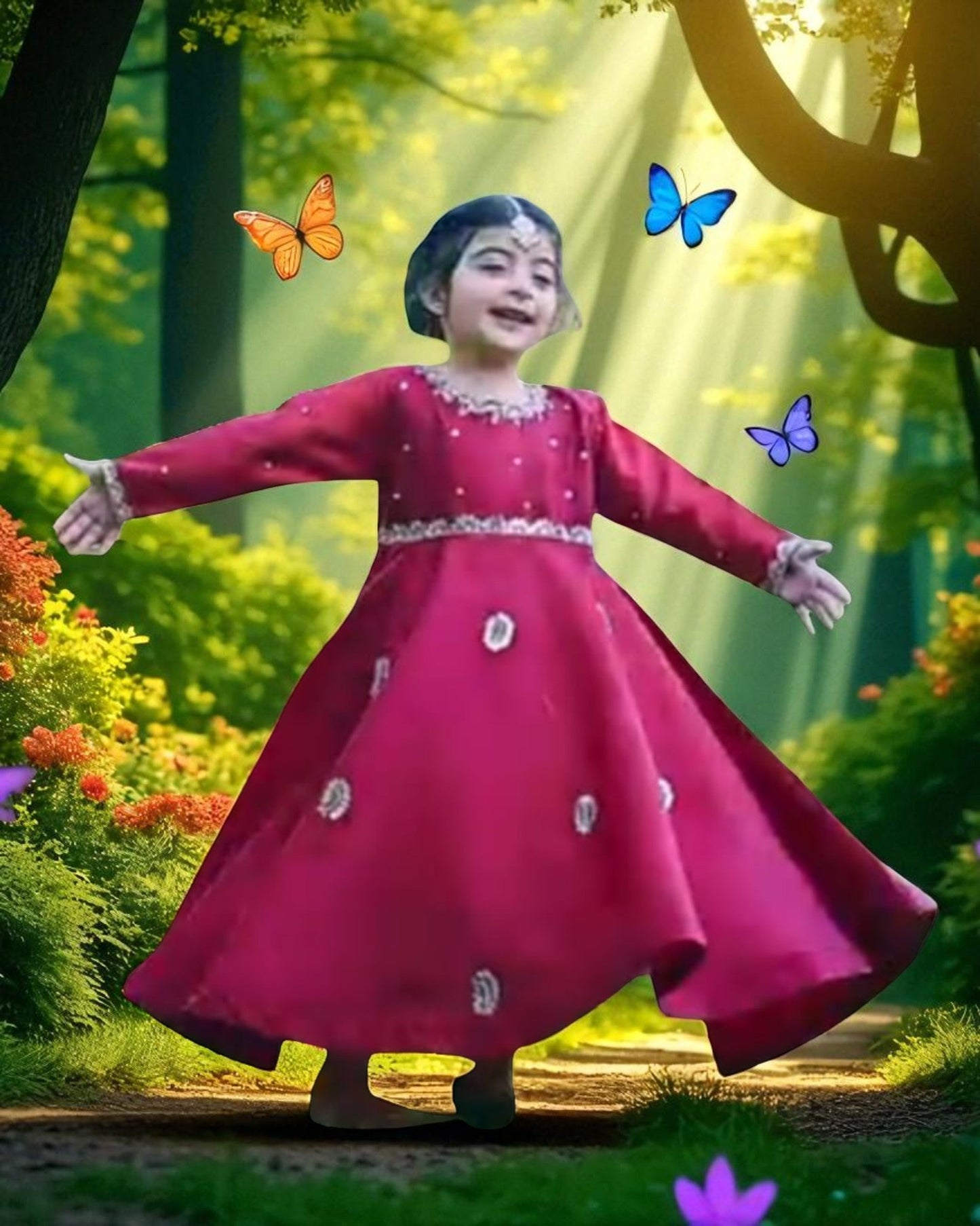 Regal Red Art Silk Kids Gown with Hand Embellishments & Tassel Back