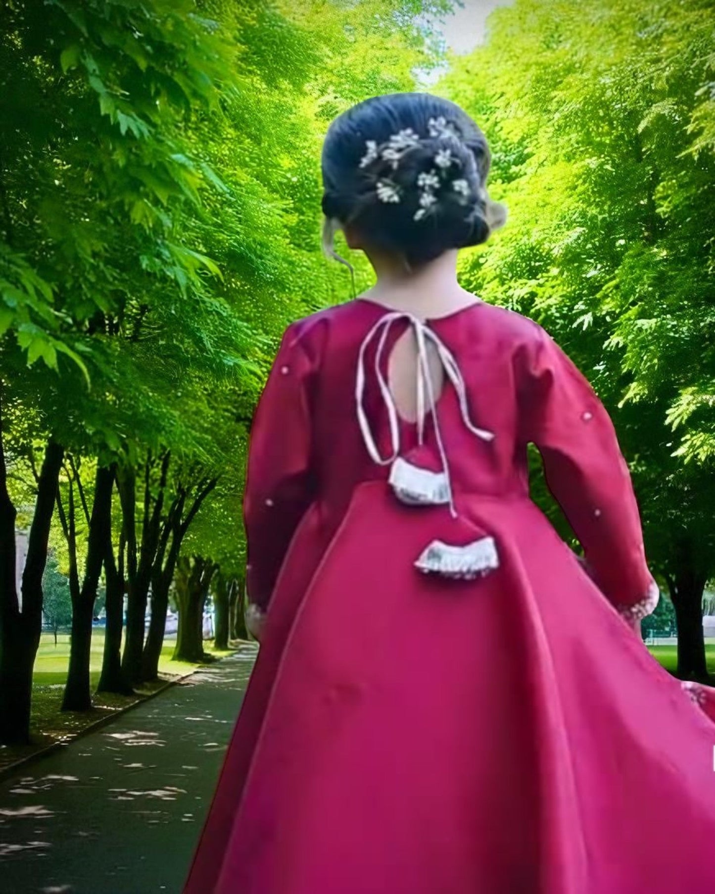 Regal Red Art Silk Kids Gown with Hand Embellishments & Tassel Back