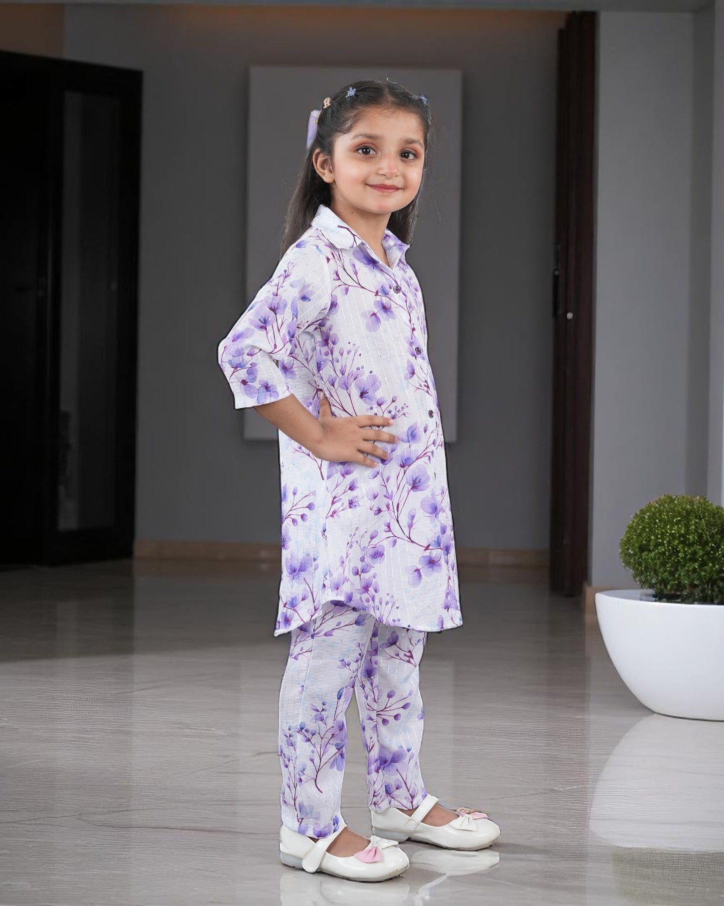 Jashmanara Girls’ Printed Co-ord Set – Sequin Work, Cotton Blend, Shirt Collar