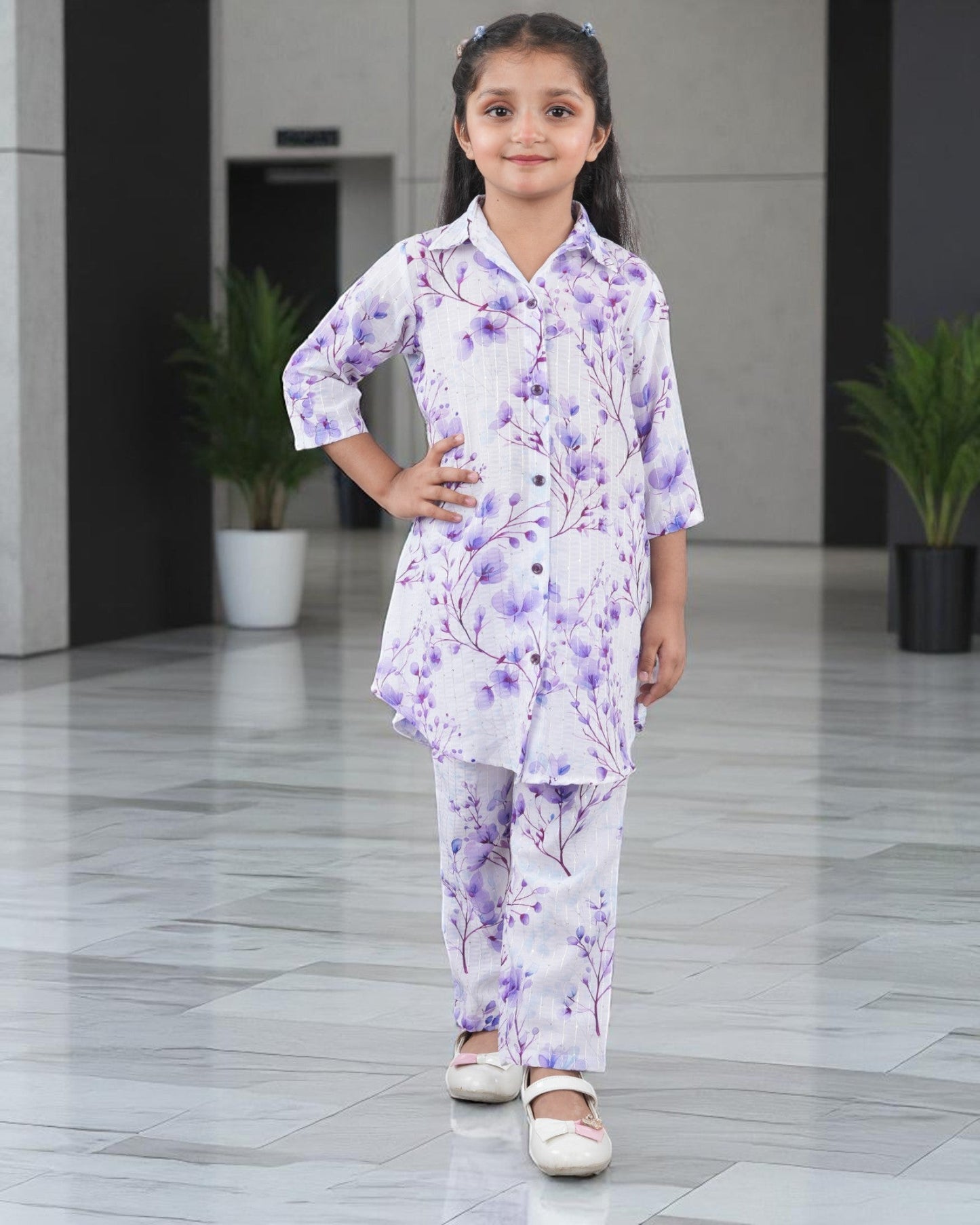 Jashmanara Girls’ Printed Co-ord Set – Sequin Work, Cotton Blend, Shirt Collar