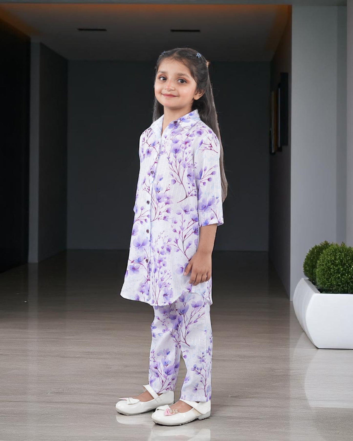 Jashmanara Girls’ Printed Co-ord Set – Sequin Work, Cotton Blend, Shirt Collar