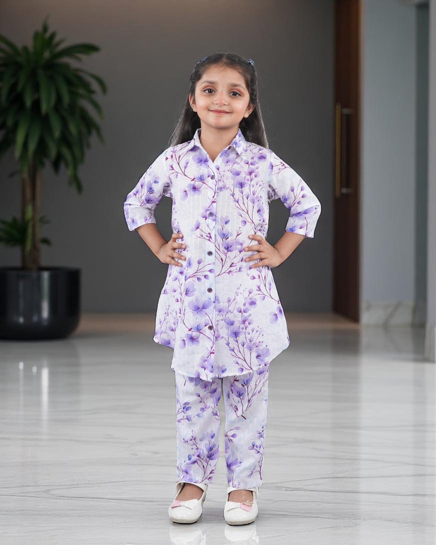 Jashmanara Girls’ Printed Co-ord Set – Sequin Work, Cotton Blend, Shirt Collar