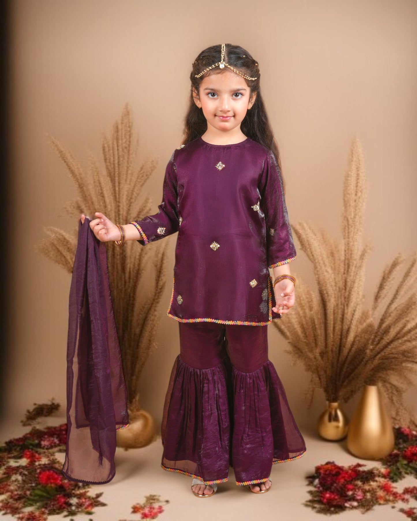 Jashmanara Girls’ Partywear 3-Piece Sharara Set in Fendi Fabric with Lace Detailing