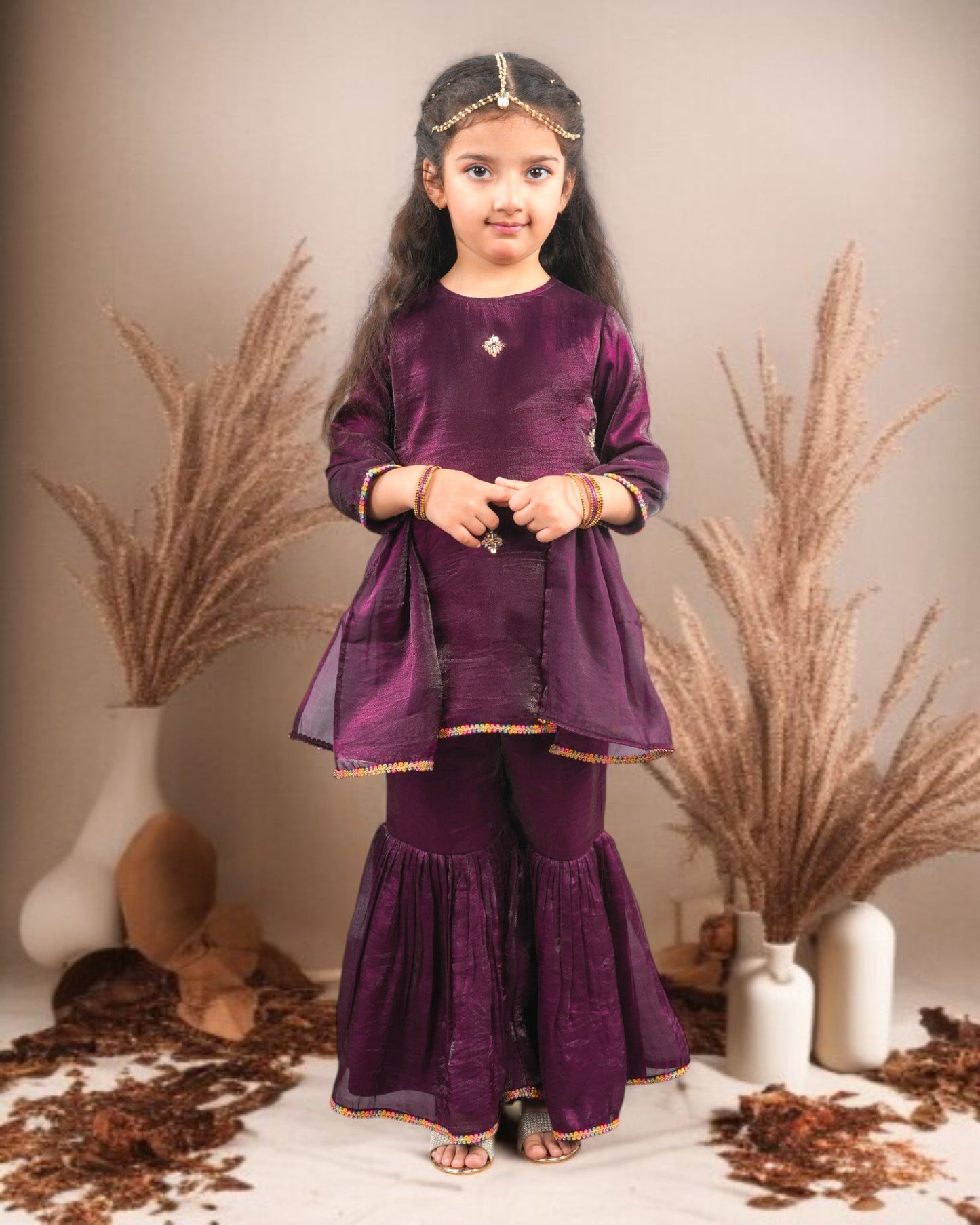 Jashmanara Girls’ Partywear 3-Piece Sharara Set in Fendi Fabric with Lace Detailing