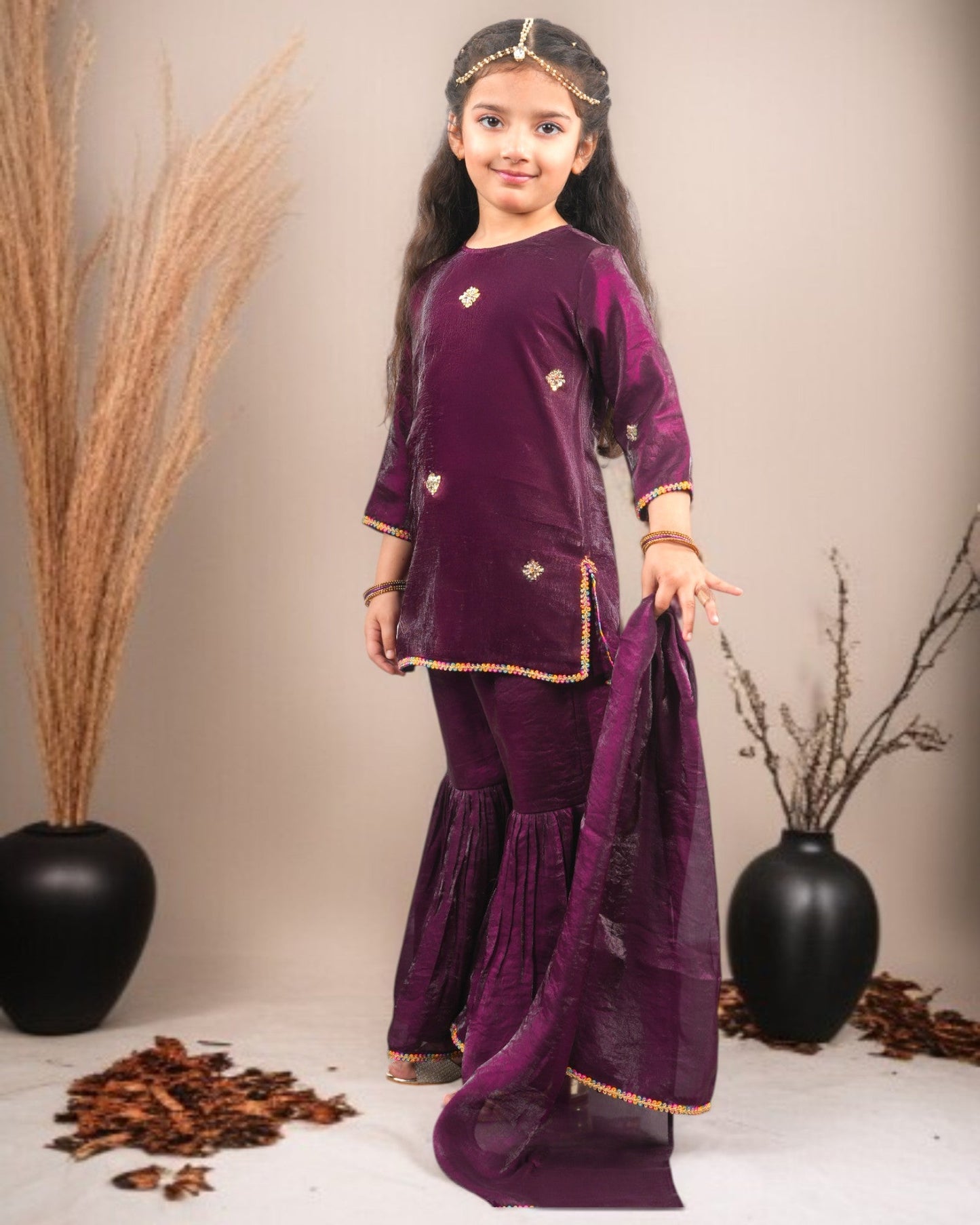 Jashmanara Girls’ Partywear 3-Piece Sharara Set in Fendi Fabric with Lace Detailing