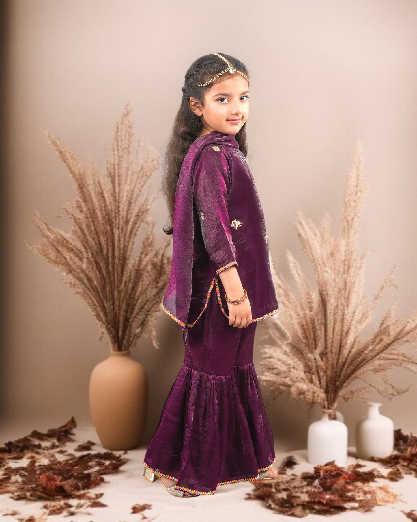 Jashmanara Girls’ Partywear 3-Piece Sharara Set in Fendi Fabric with Lace Detailing