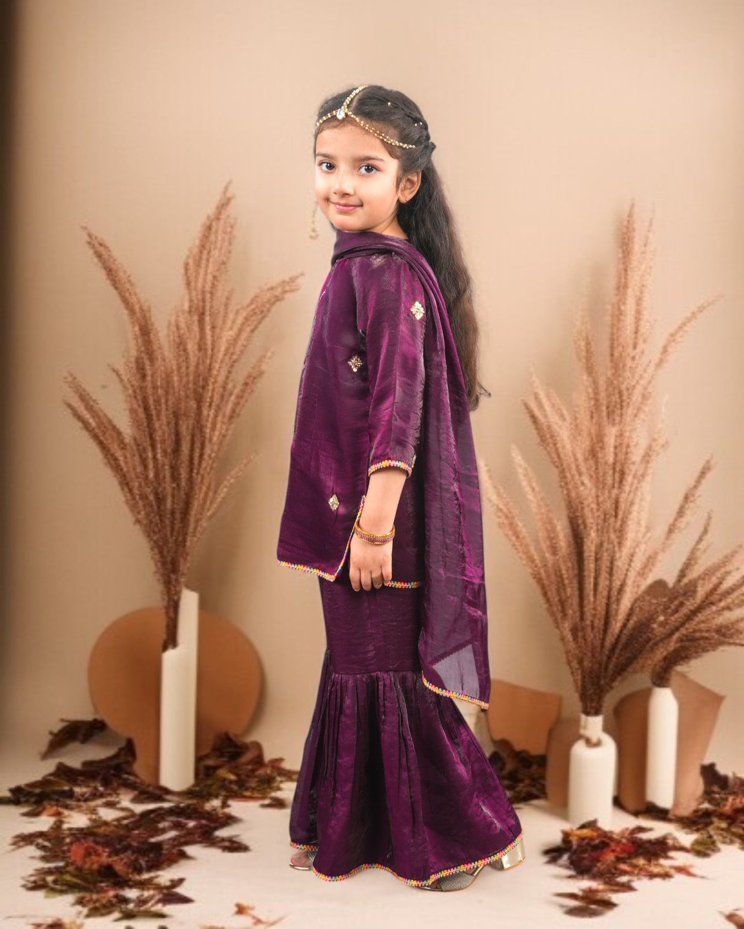 Jashmanara Girls’ Partywear 3-Piece Sharara Set in Fendi Fabric with Lace Detailing