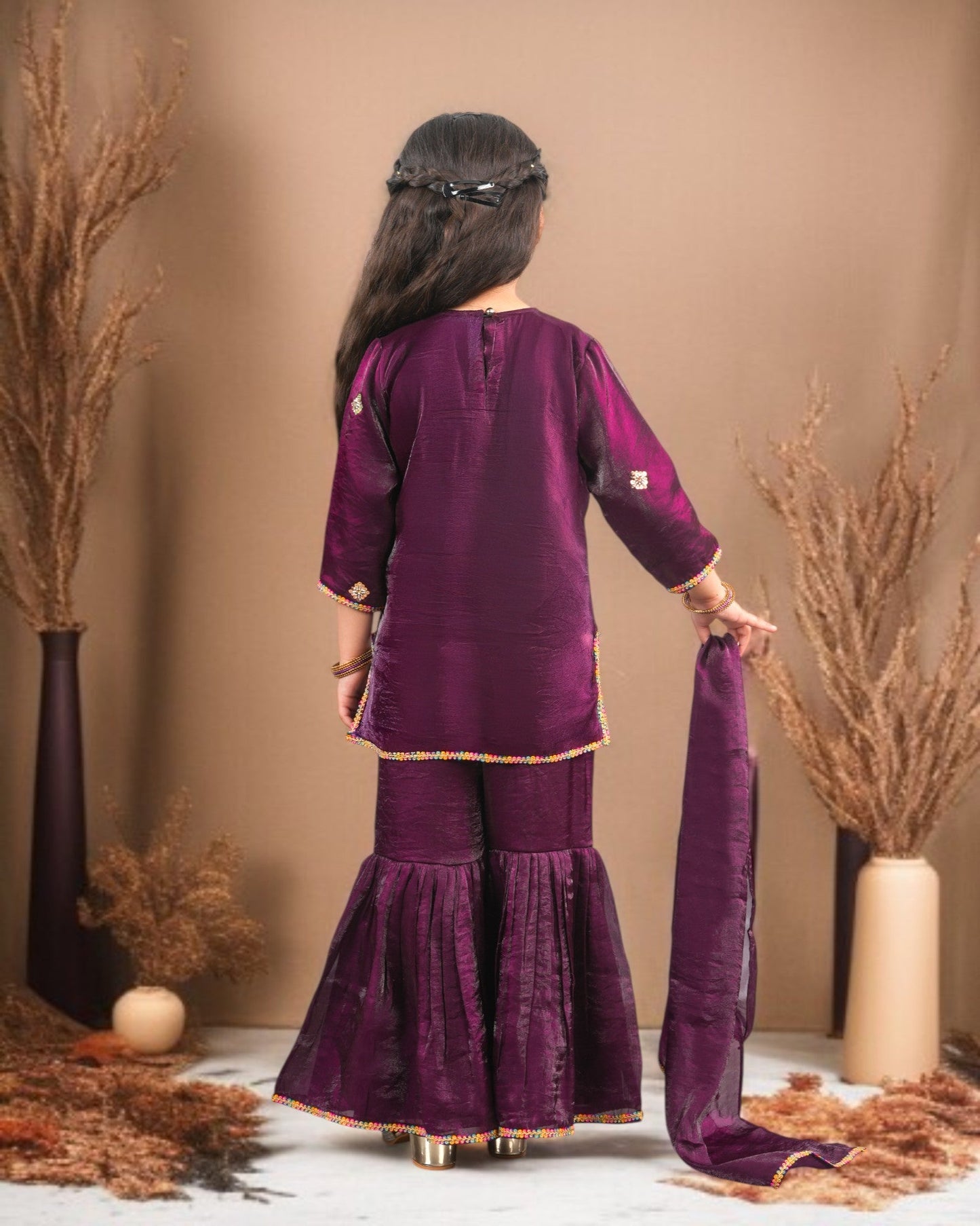 Jashmanara Girls’ Partywear 3-Piece Sharara Set in Fendi Fabric with Lace Detailing