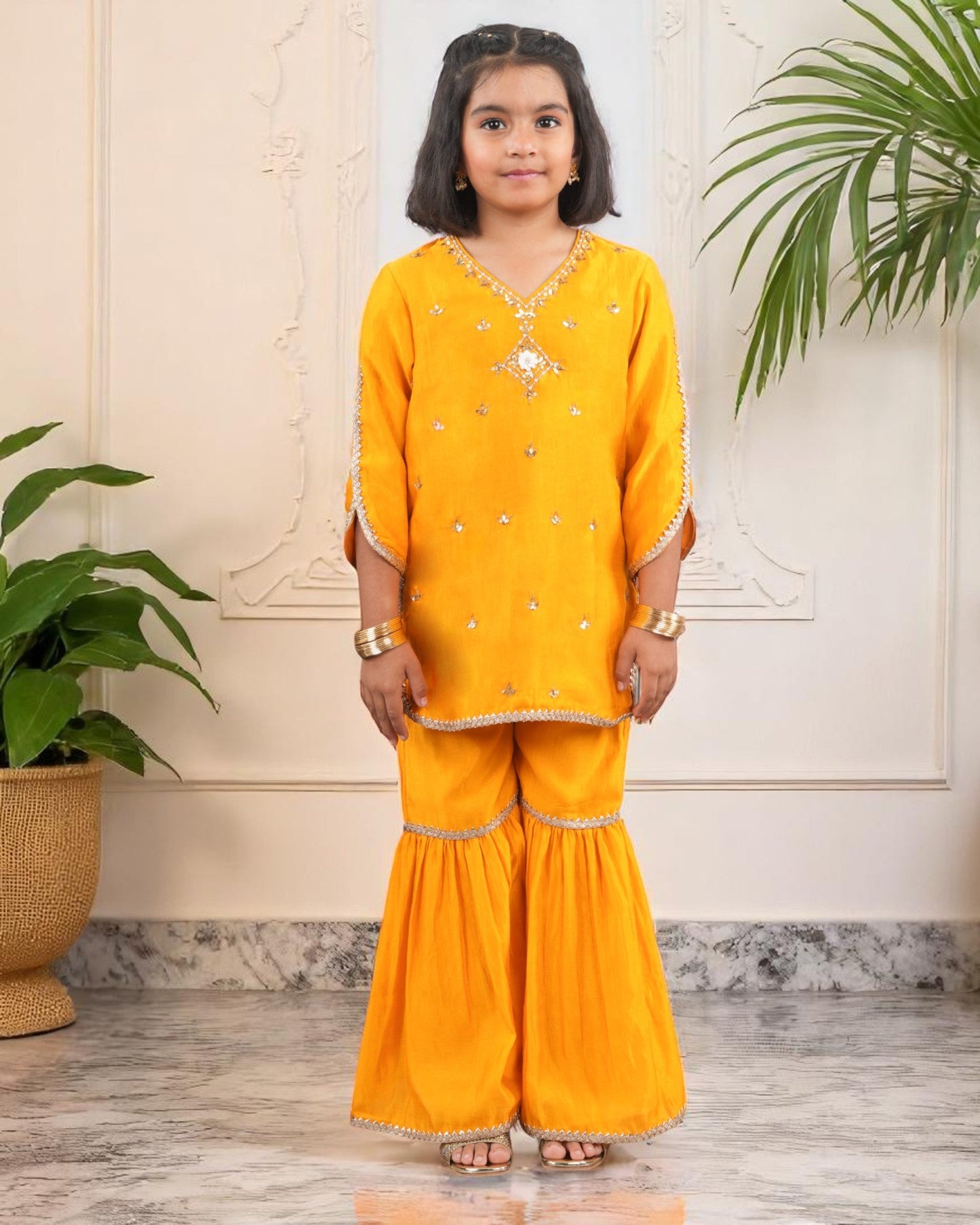 Jashmanara Girls’ Festive 3-Piece Sharara Suit – Two-Tone Silk, Handwork & Lace