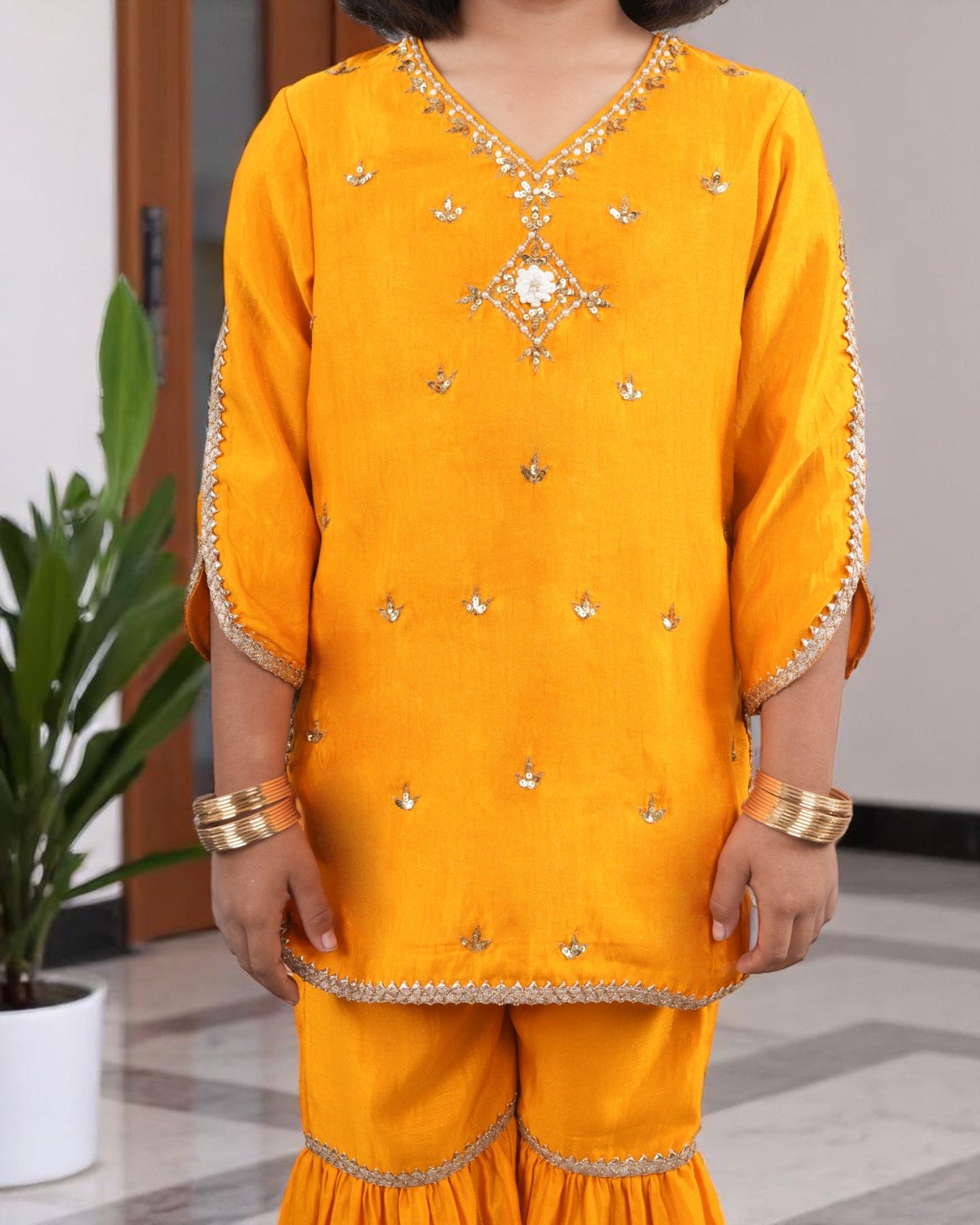 Jashmanara Girls’ Festive 3-Piece Sharara Suit – Two-Tone Silk, Handwork & Lace