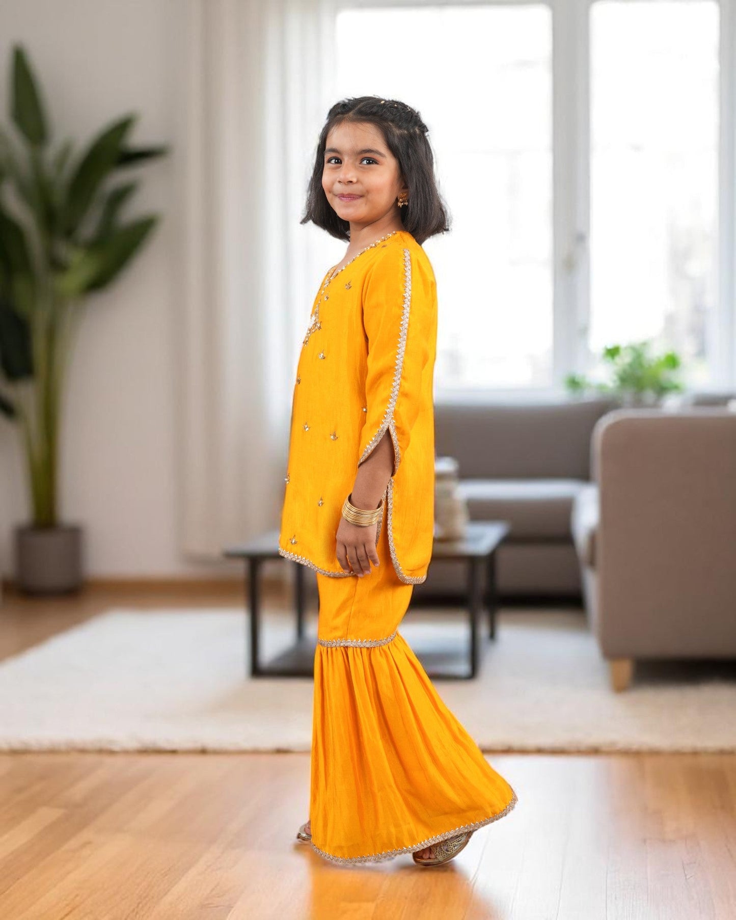 Jashmanara Girls’ Festive 3-Piece Sharara Suit – Two-Tone Silk, Handwork & Lace