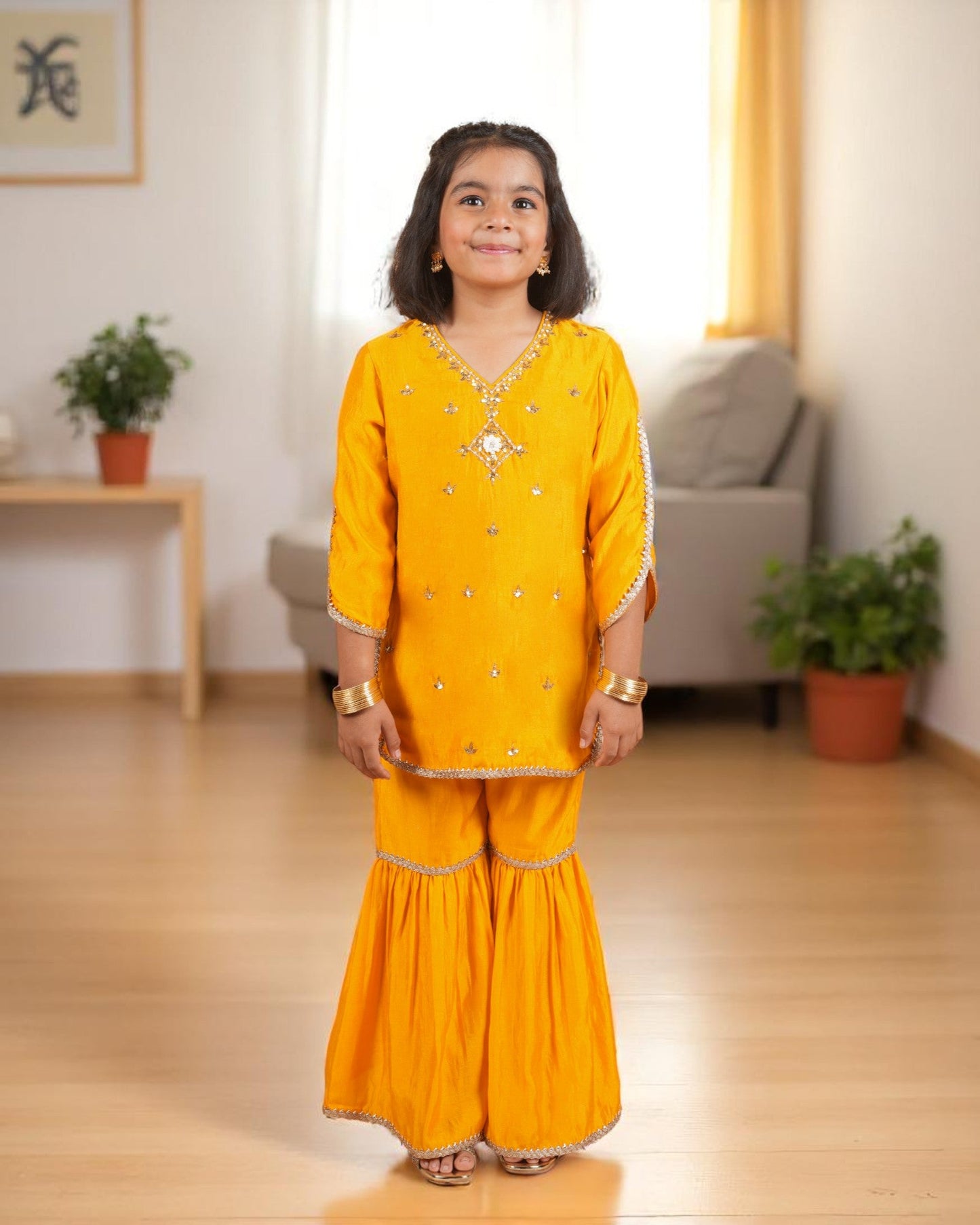 Jashmanara Girls’ Festive 3-Piece Sharara Suit – Two-Tone Silk, Handwork & Lace