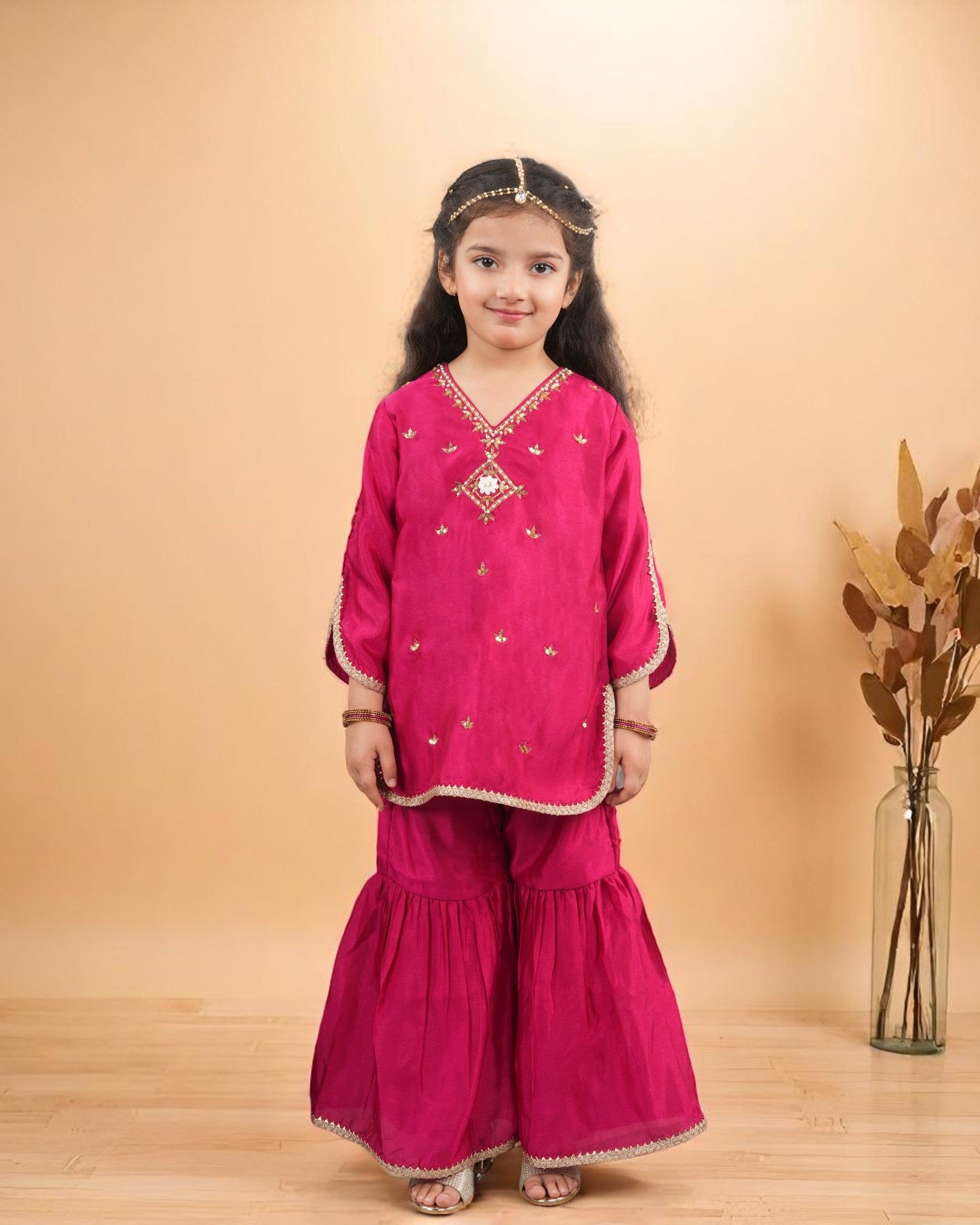 Jashmanara Girls’ 3-Piece Art Silk Sharara Set – Handwork & Lace, Kids Ethnic Wear