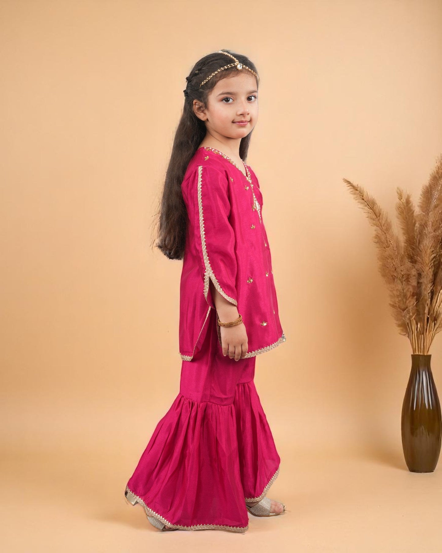 Jashmanara Girls’ 3-Piece Art Silk Sharara Set – Handwork & Lace, Kids Ethnic Wear