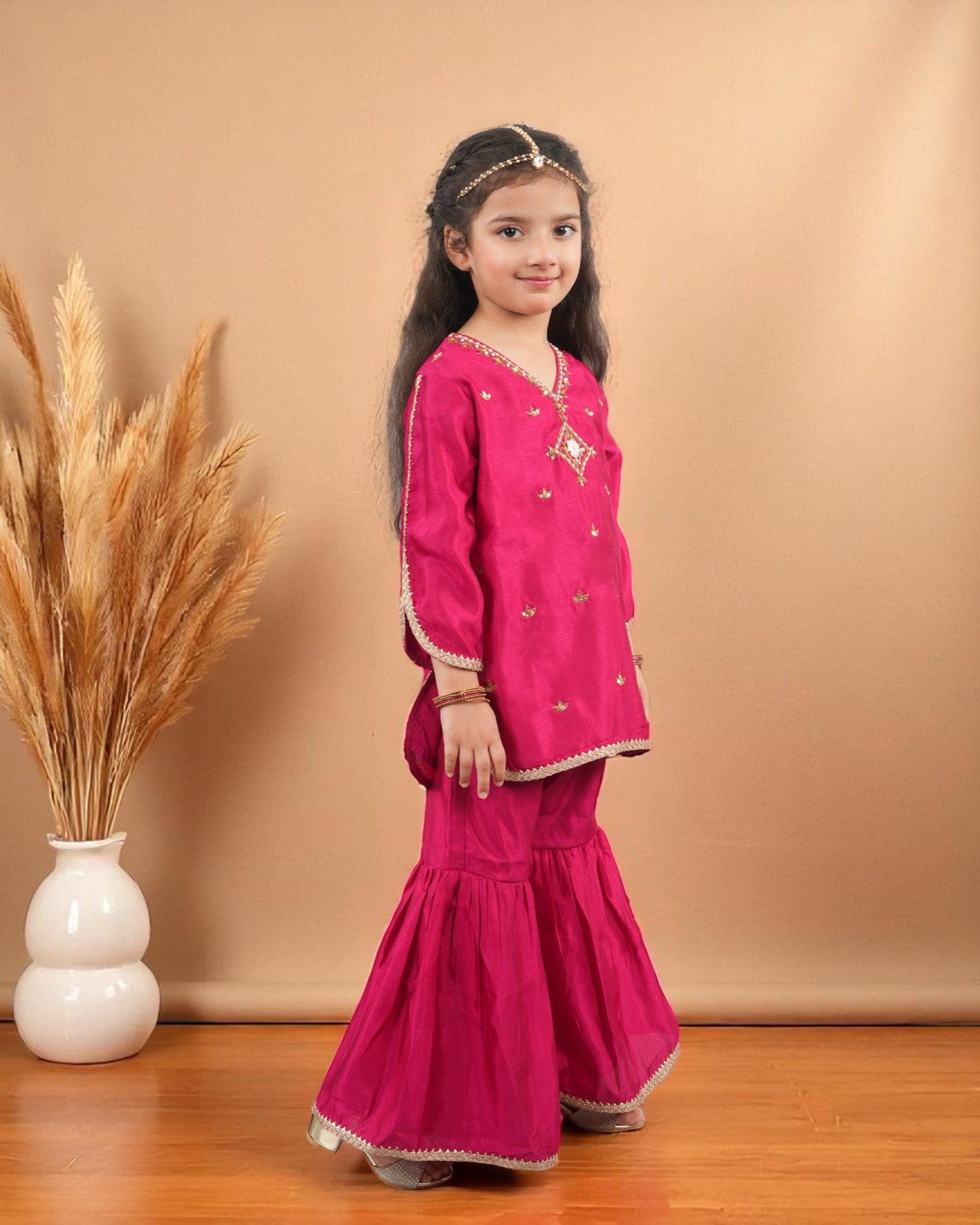 Jashmanara Girls’ 3-Piece Art Silk Sharara Set – Handwork & Lace, Kids Ethnic Wear