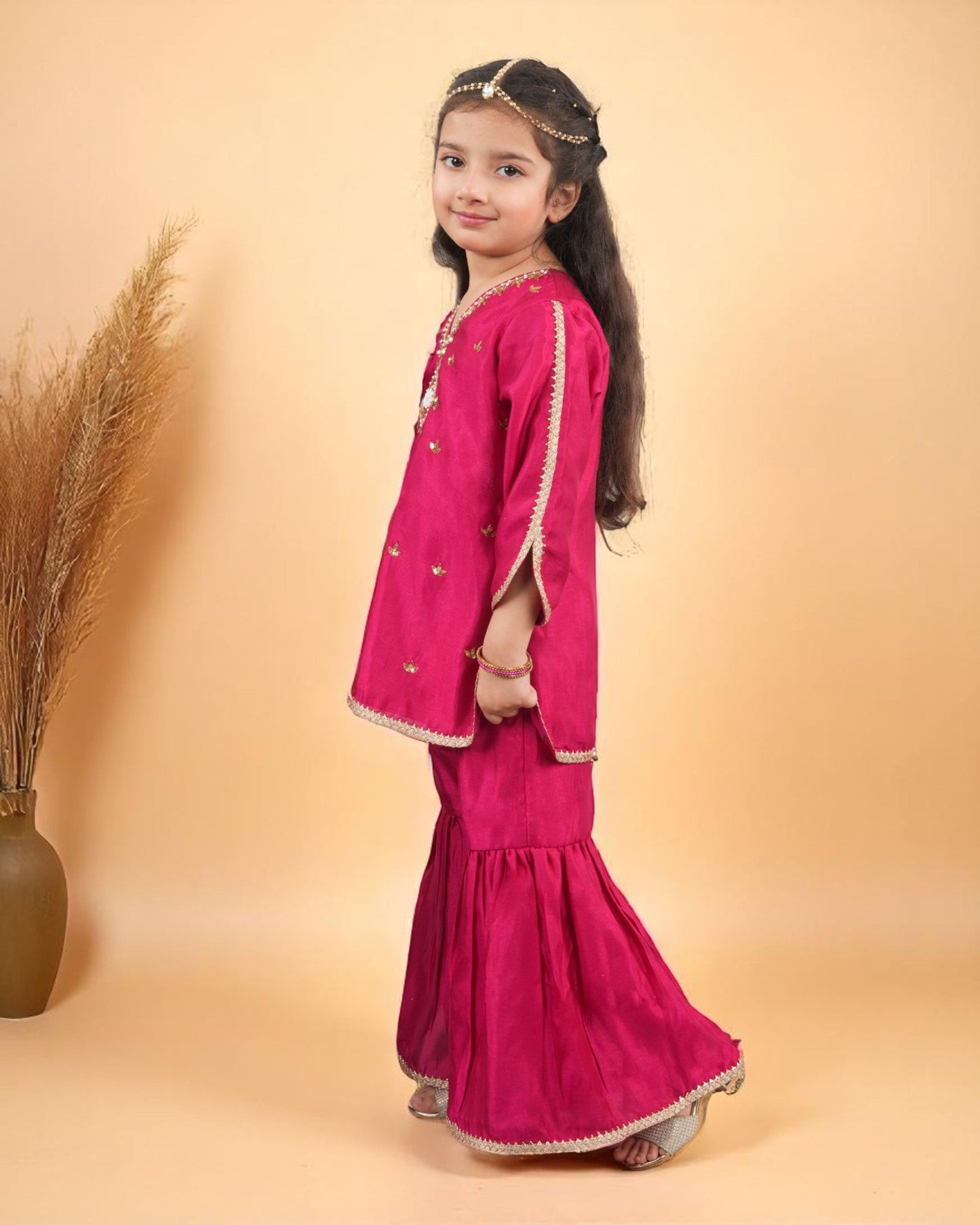 Jashmanara Girls’ 3-Piece Art Silk Sharara Set – Handwork & Lace, Kids Ethnic Wear