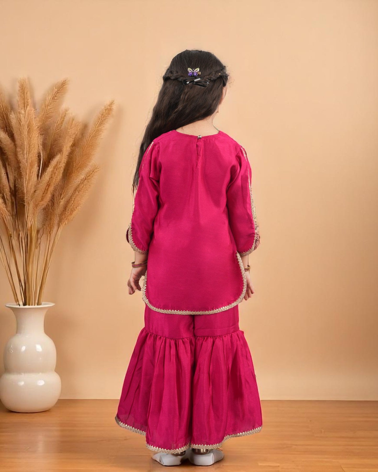 Jashmanara Girls’ 3-Piece Art Silk Sharara Set – Handwork & Lace, Kids Ethnic Wear
