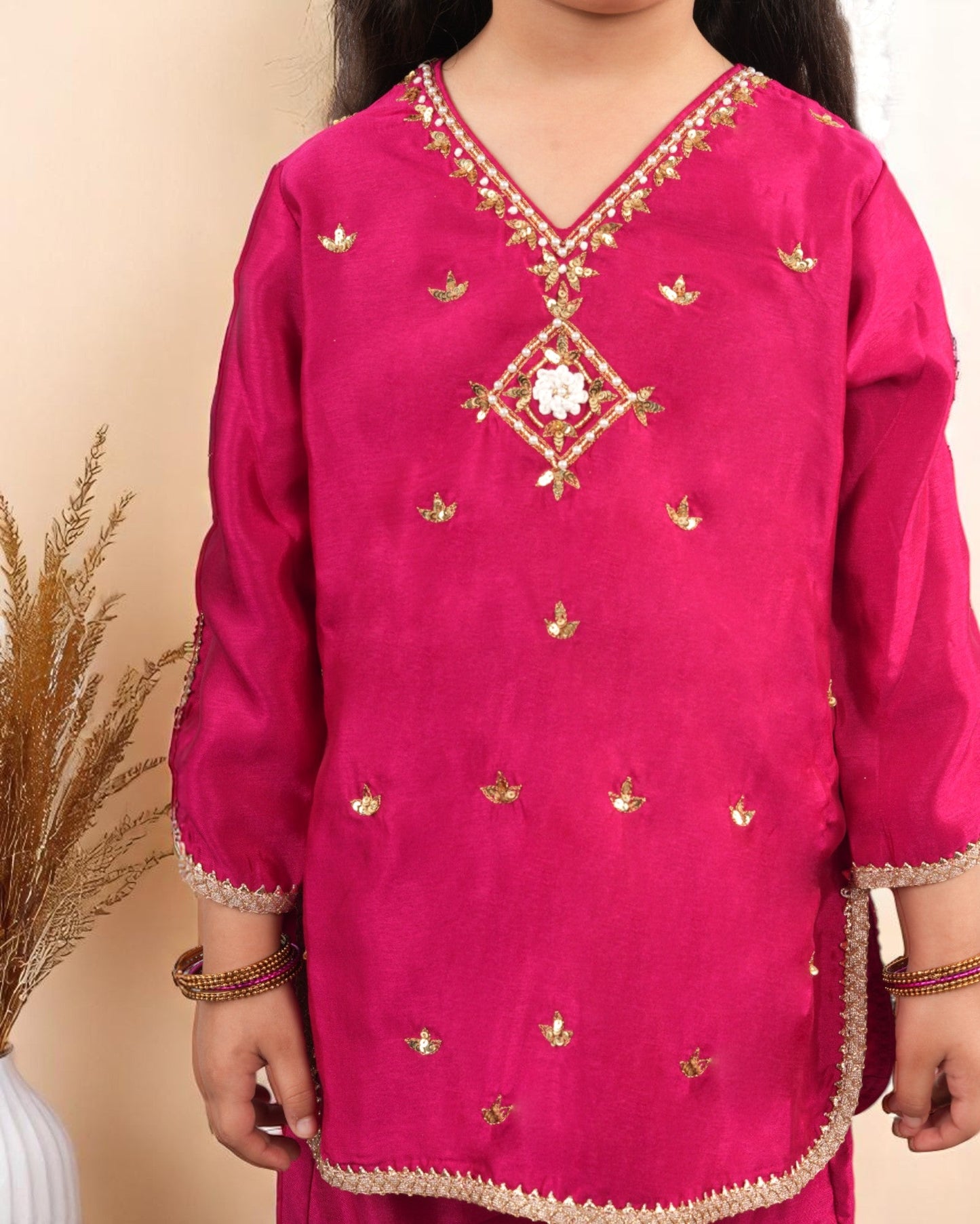 Jashmanara Girls’ 3-Piece Art Silk Sharara Set – Handwork & Lace, Kids Ethnic Wear