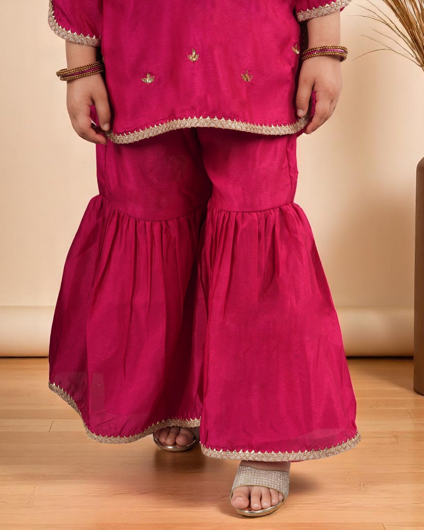 Jashmanara Girls’ 3-Piece Art Silk Sharara Set – Handwork & Lace, Kids Ethnic Wear