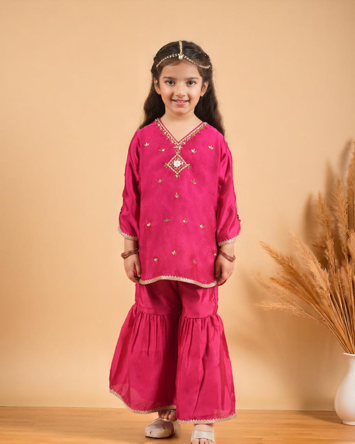 Jashmanara Girls’ 3-Piece Art Silk Sharara Set – Handwork & Lace, Kids Ethnic Wear