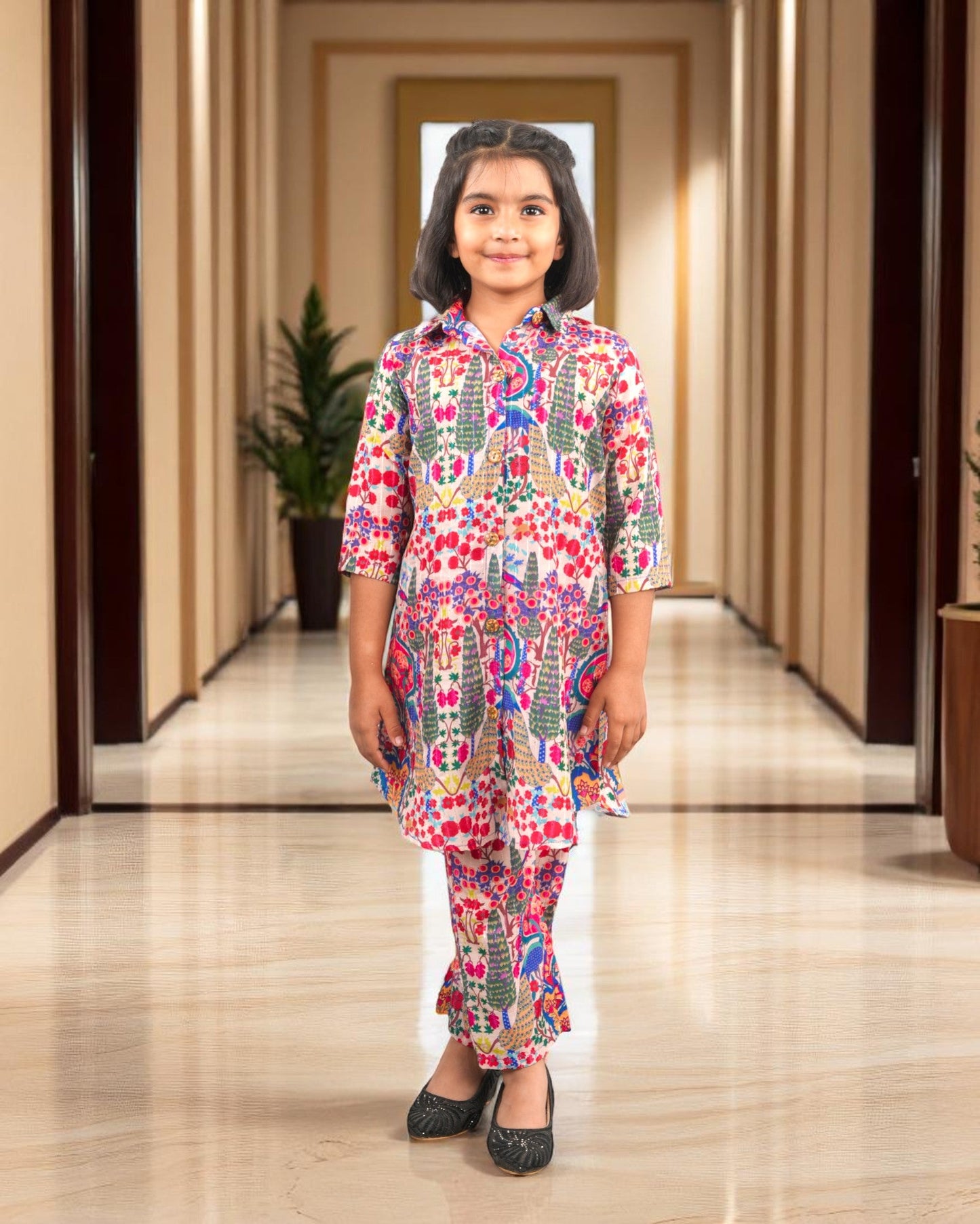 Jashmanara Girls’ Printed Co-ord Set – Sequin Work, Cotton Blend, Shirt Collar
