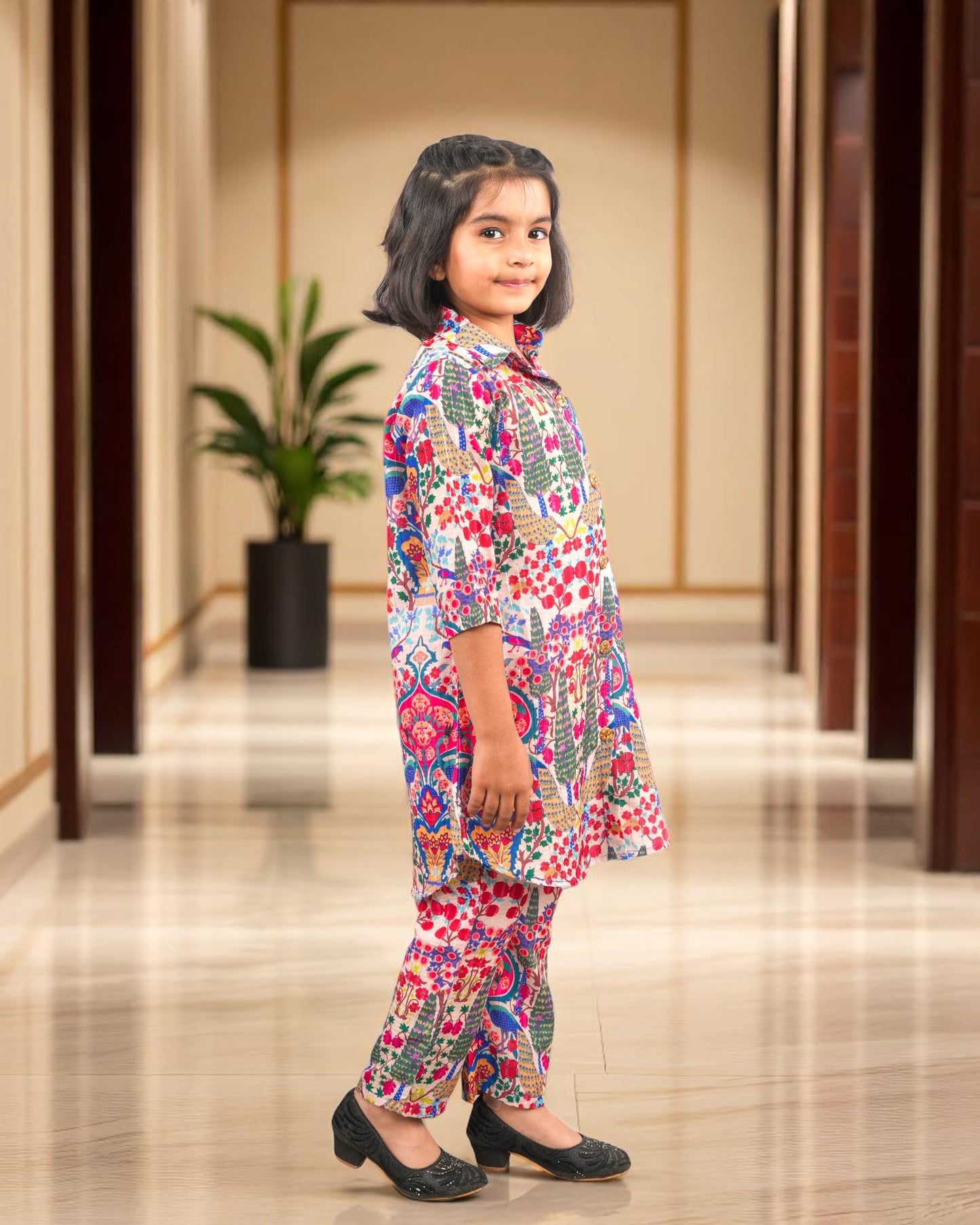 Jashmanara Girls’ Printed Co-ord Set – Sequin Work, Cotton Blend, Shirt Collar