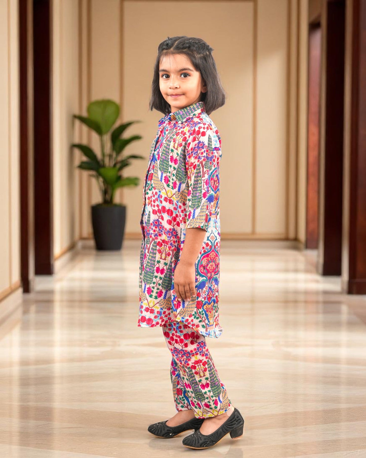Jashmanara Girls’ Printed Co-ord Set – Sequin Work, Cotton Blend, Shirt Collar