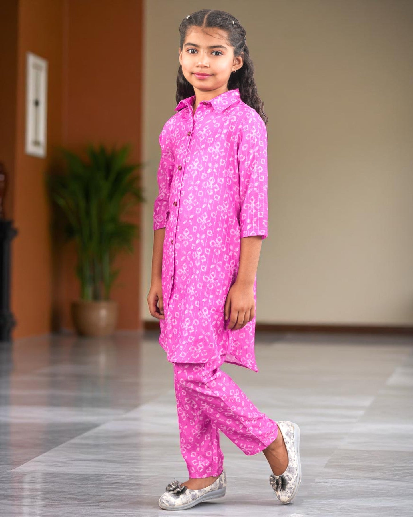 Jashmanara Girls’ Printed Co-ord Set – Sequin Work, Cotton Blend, Shirt Collar