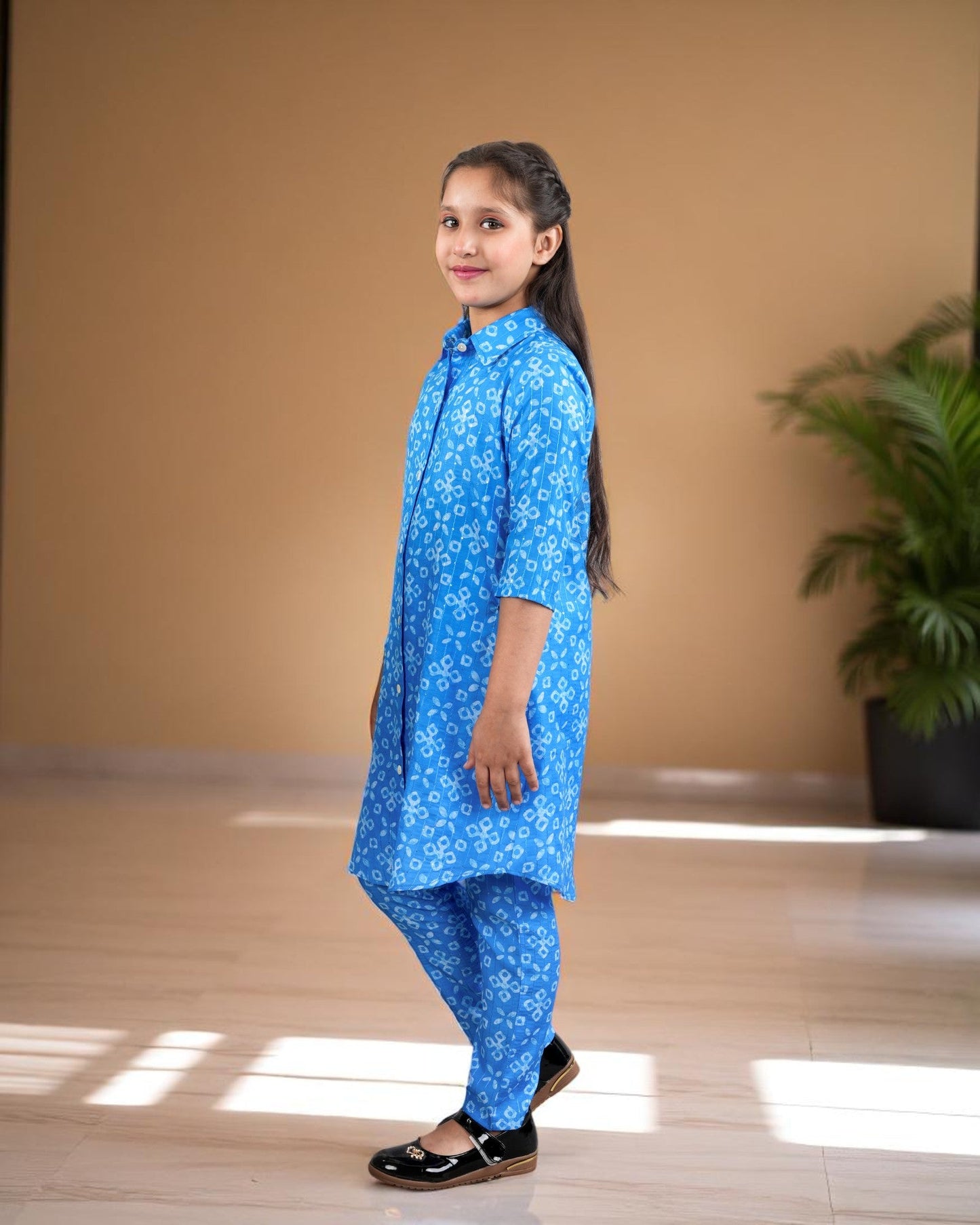 Jashmanara Girls’ Printed Co-ord Set – Sequin Work, Cotton Blend, Shirt Collar