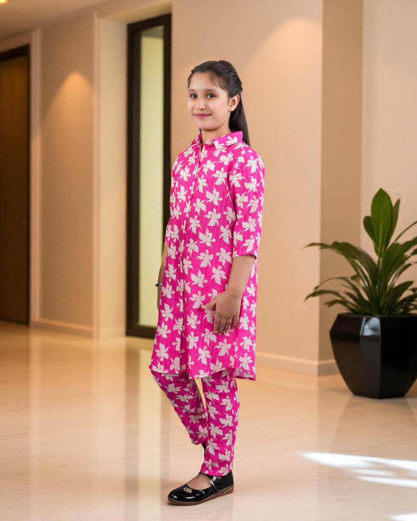 Jashmanara Girls’ Printed Co-ord Set – Sequin Work, Cotton Blend, Shirt Collar