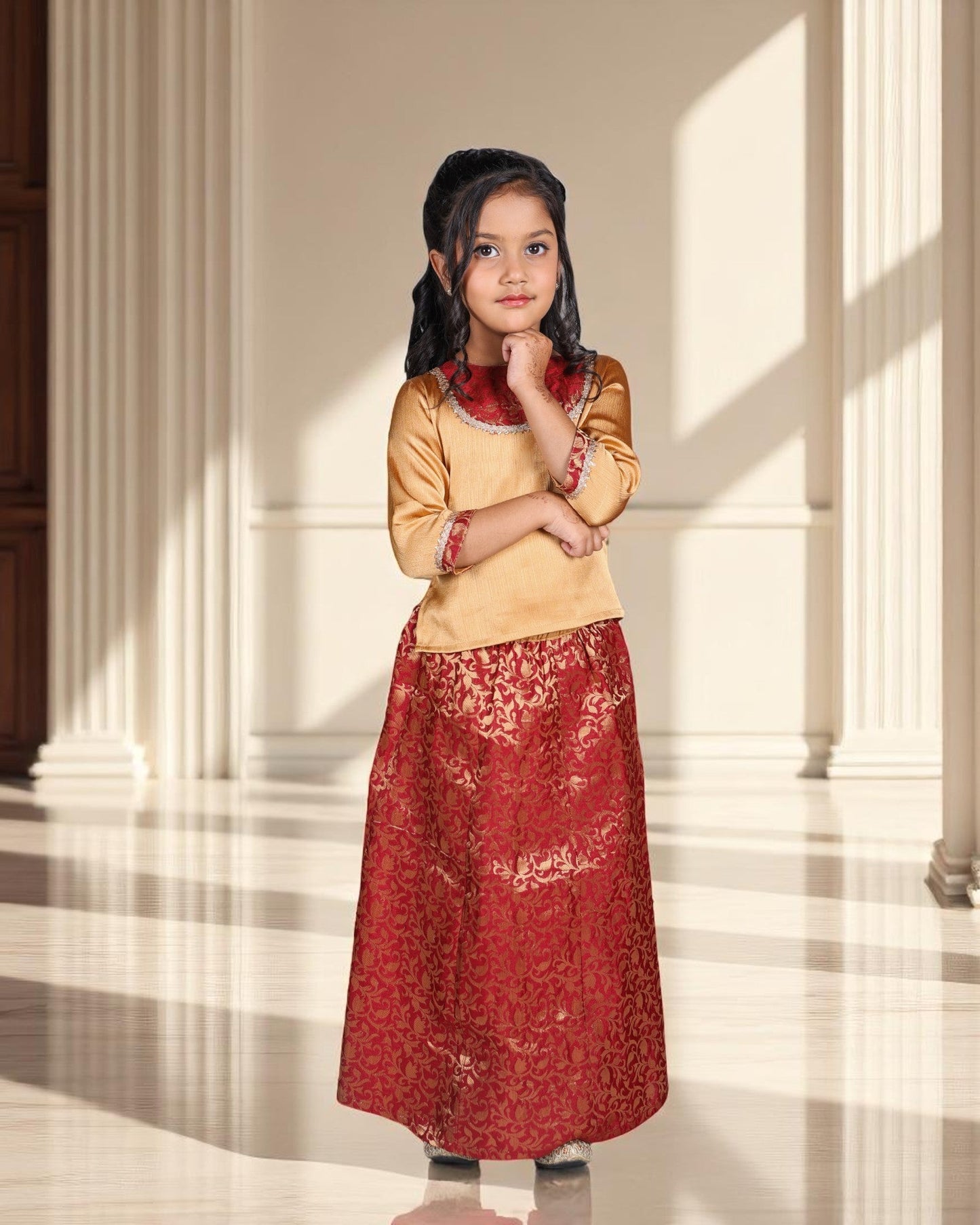 Jashmanara Girls’ Brocade Lehenga Set – Art Silk Top, Lace Work, Kids Partywear