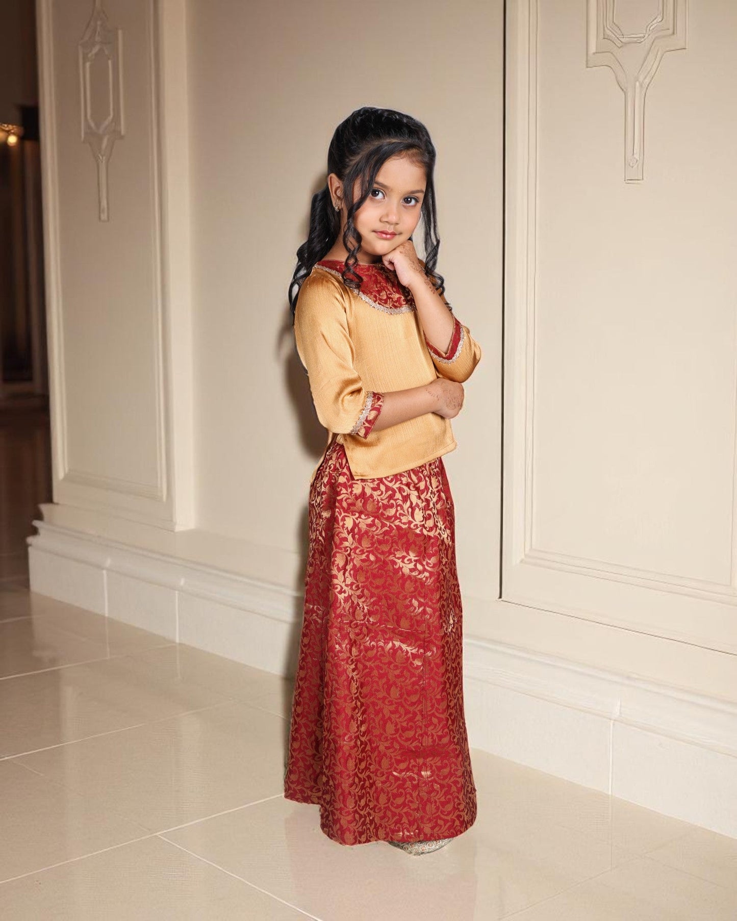 Jashmanara Girls’ Brocade Lehenga Set – Art Silk Top, Lace Work, Kids Partywear