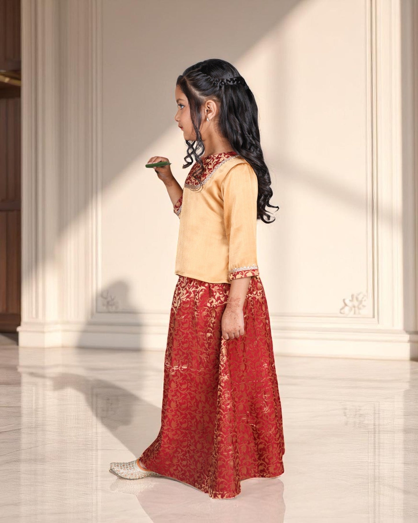 Jashmanara Girls’ Brocade Lehenga Set – Art Silk Top, Lace Work, Kids Partywear