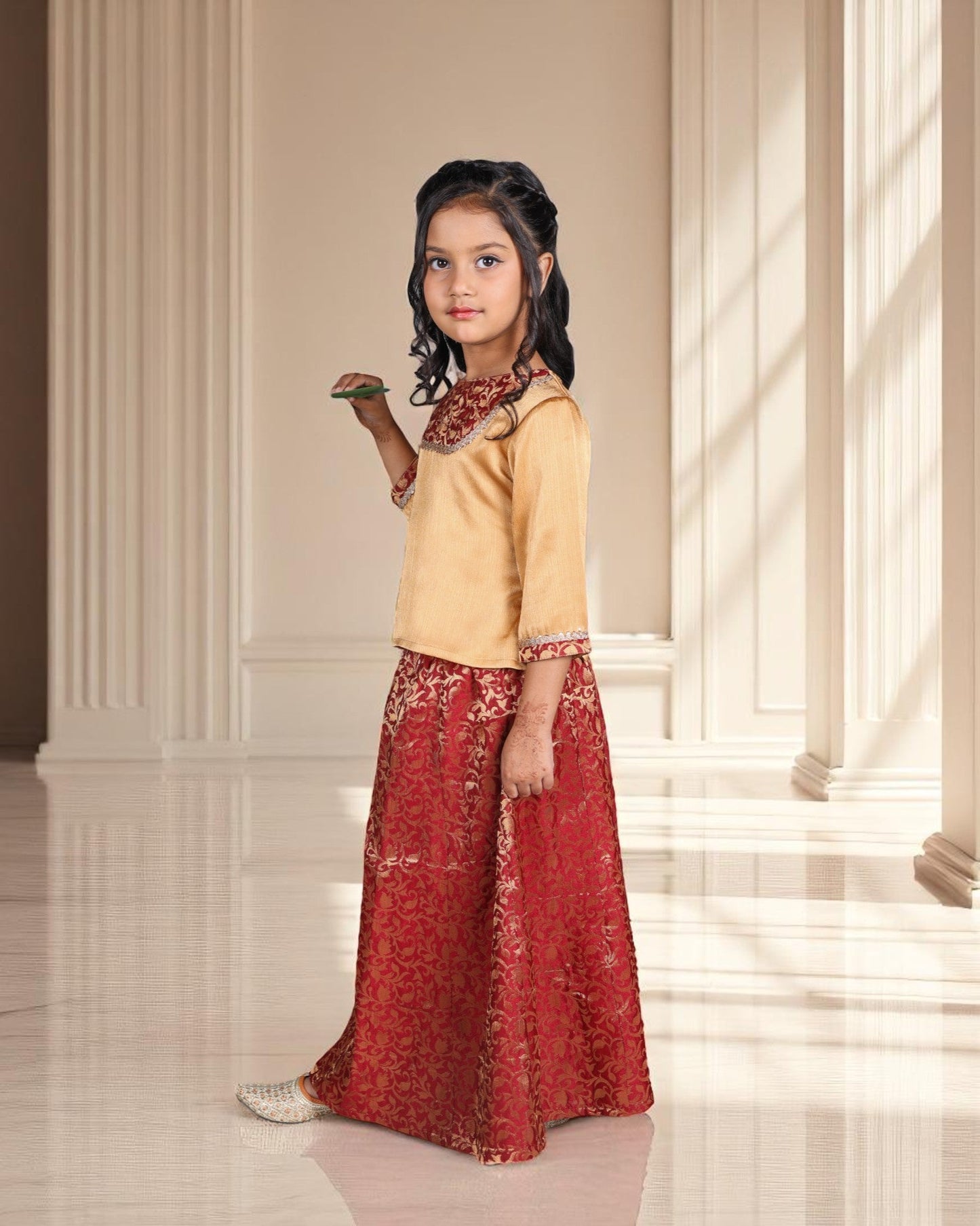 Jashmanara Girls’ Brocade Lehenga Set – Art Silk Top, Lace Work, Kids Partywear