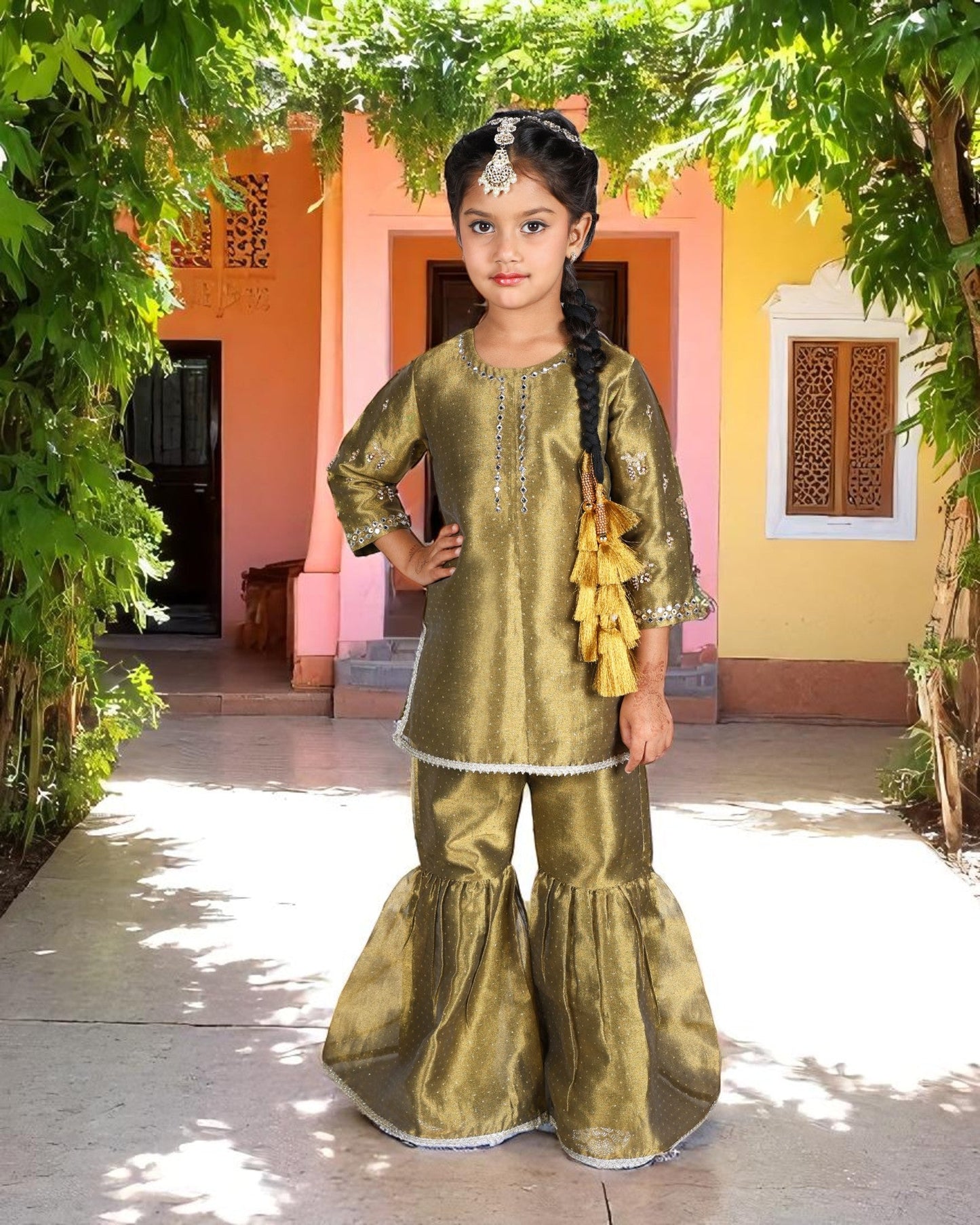 Jashmanara Girls’ Organza Sharara Suit – Embellished, Lace Work, Kids Festive Wear