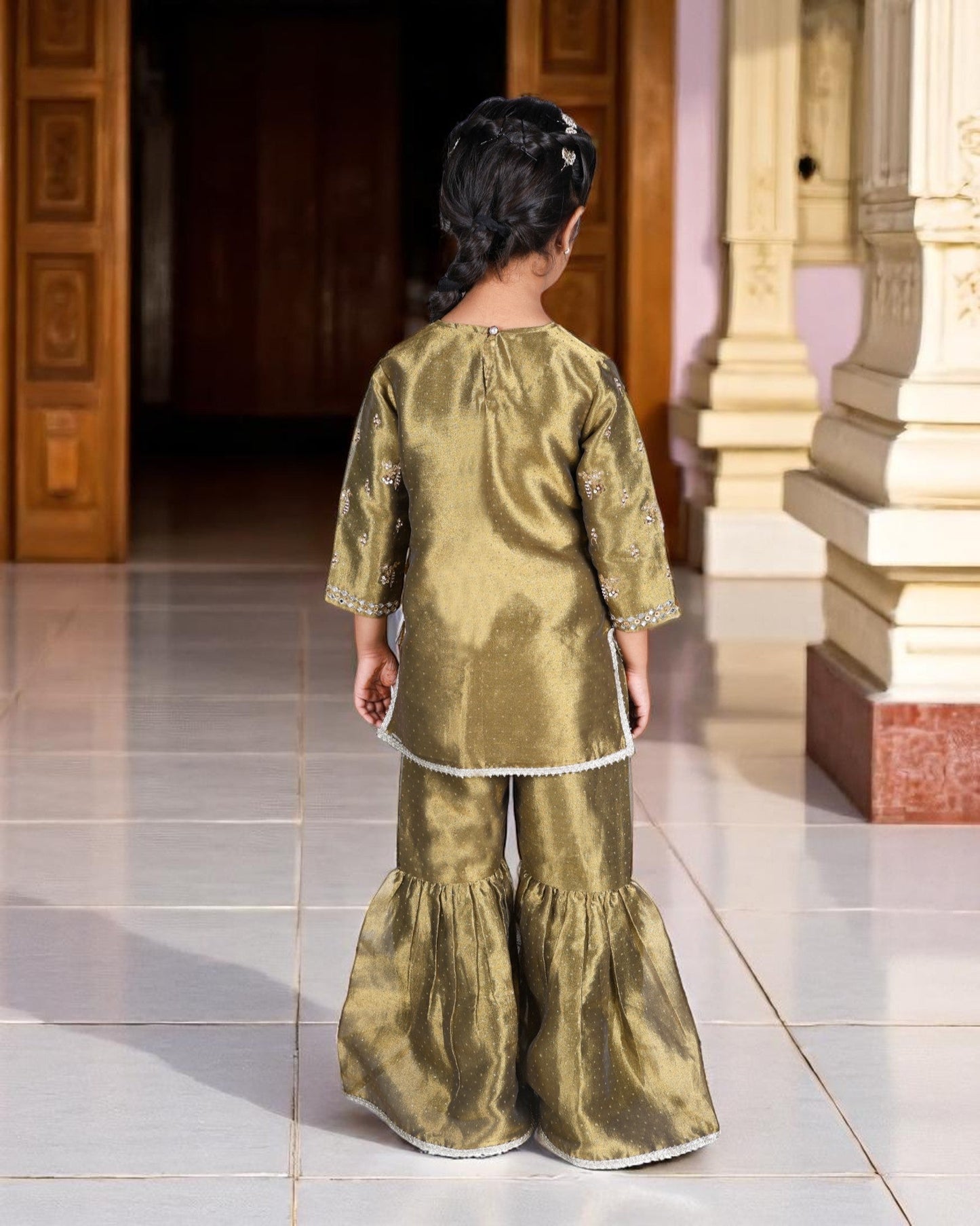 Jashmanara Girls’ Organza Sharara Suit – Embellished, Lace Work, Kids Festive Wear