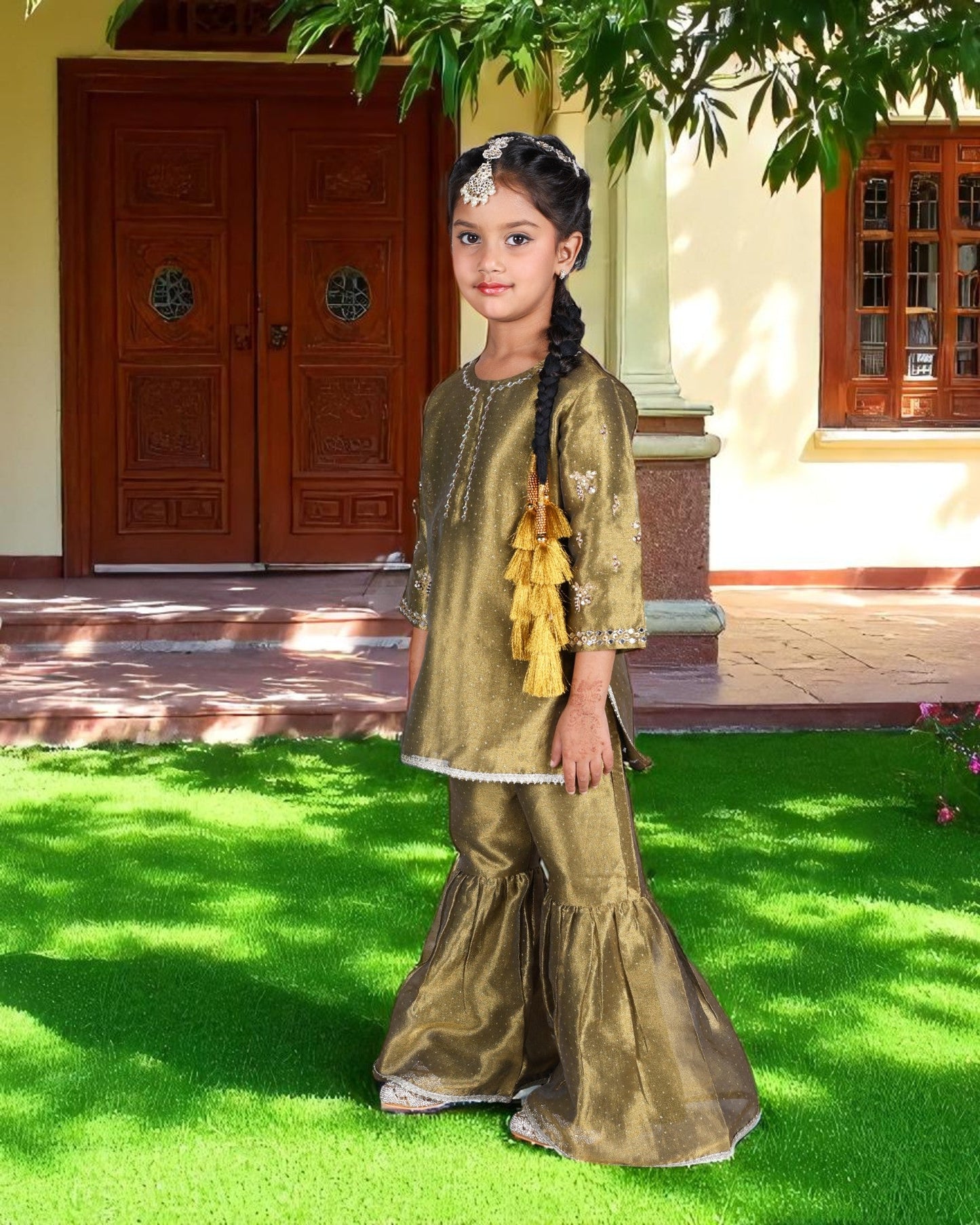 Jashmanara Girls’ Organza Sharara Suit – Embellished, Lace Work, Kids Festive Wear