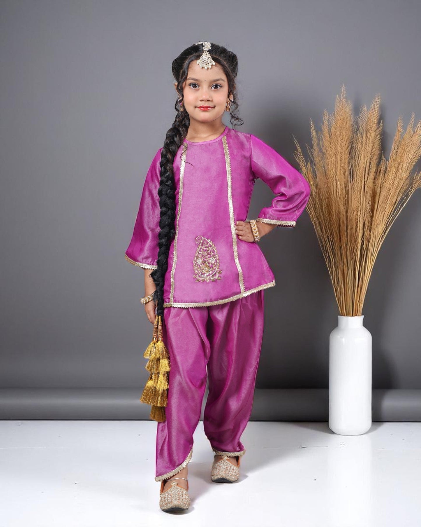 Jashmanara Girls’ 3-Piece Art Silk Suit – Semi Tulip Pant, Handwork & Lace