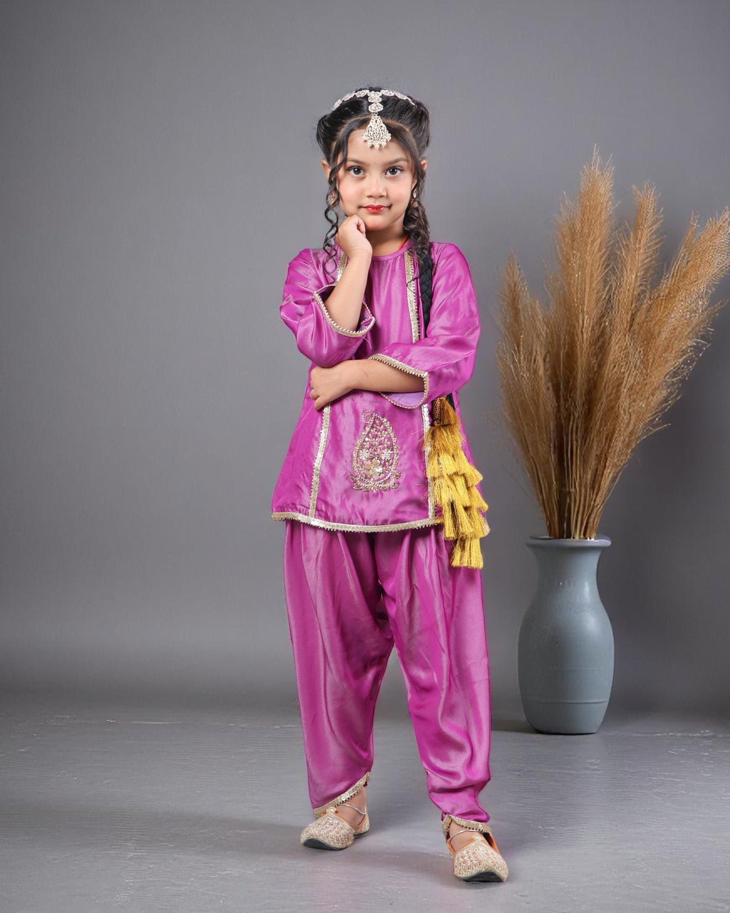 Jashmanara Girls’ 3-Piece Art Silk Suit – Semi Tulip Pant, Handwork & Lace