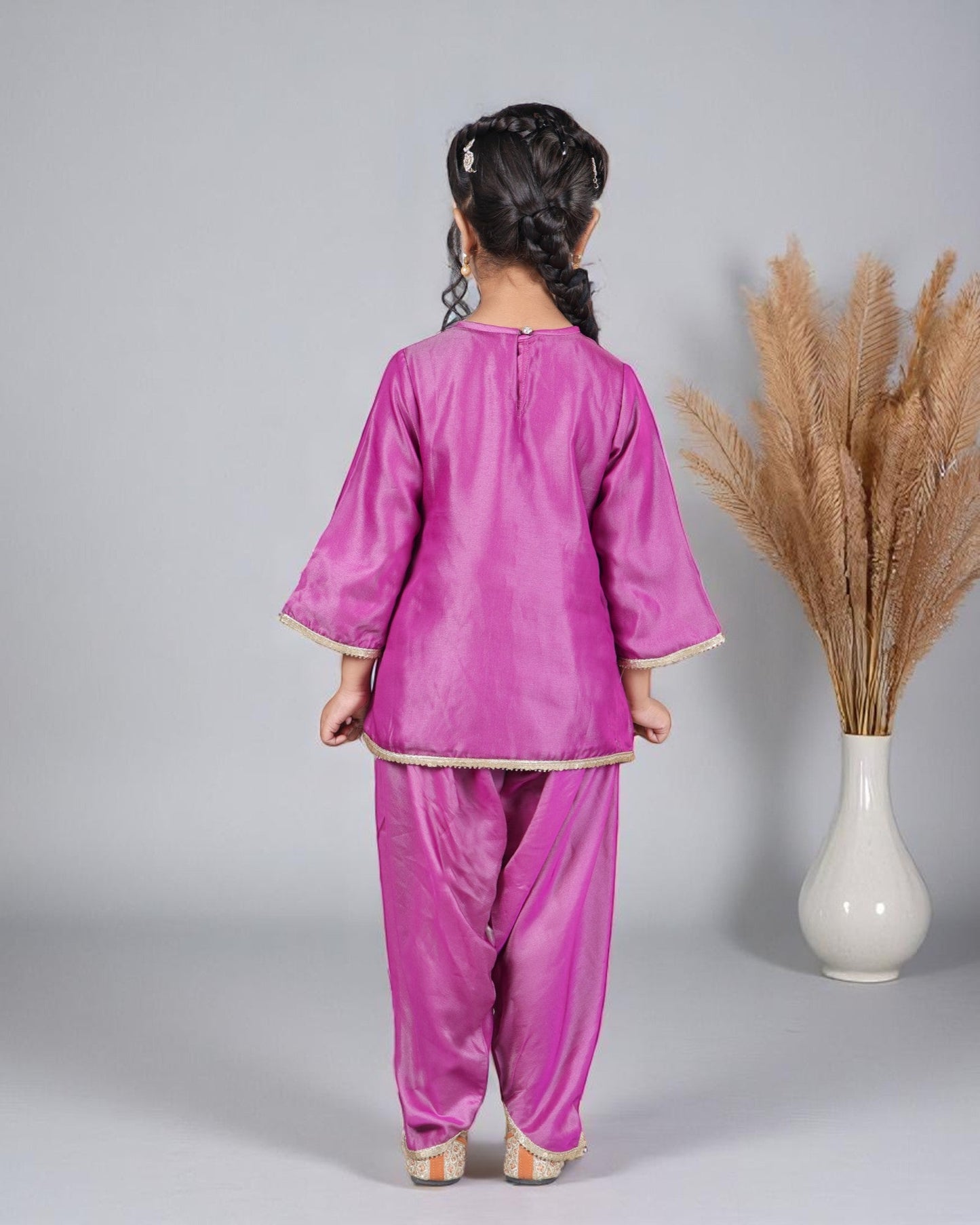Jashmanara Girls’ 3-Piece Art Silk Suit – Semi Tulip Pant, Handwork & Lace